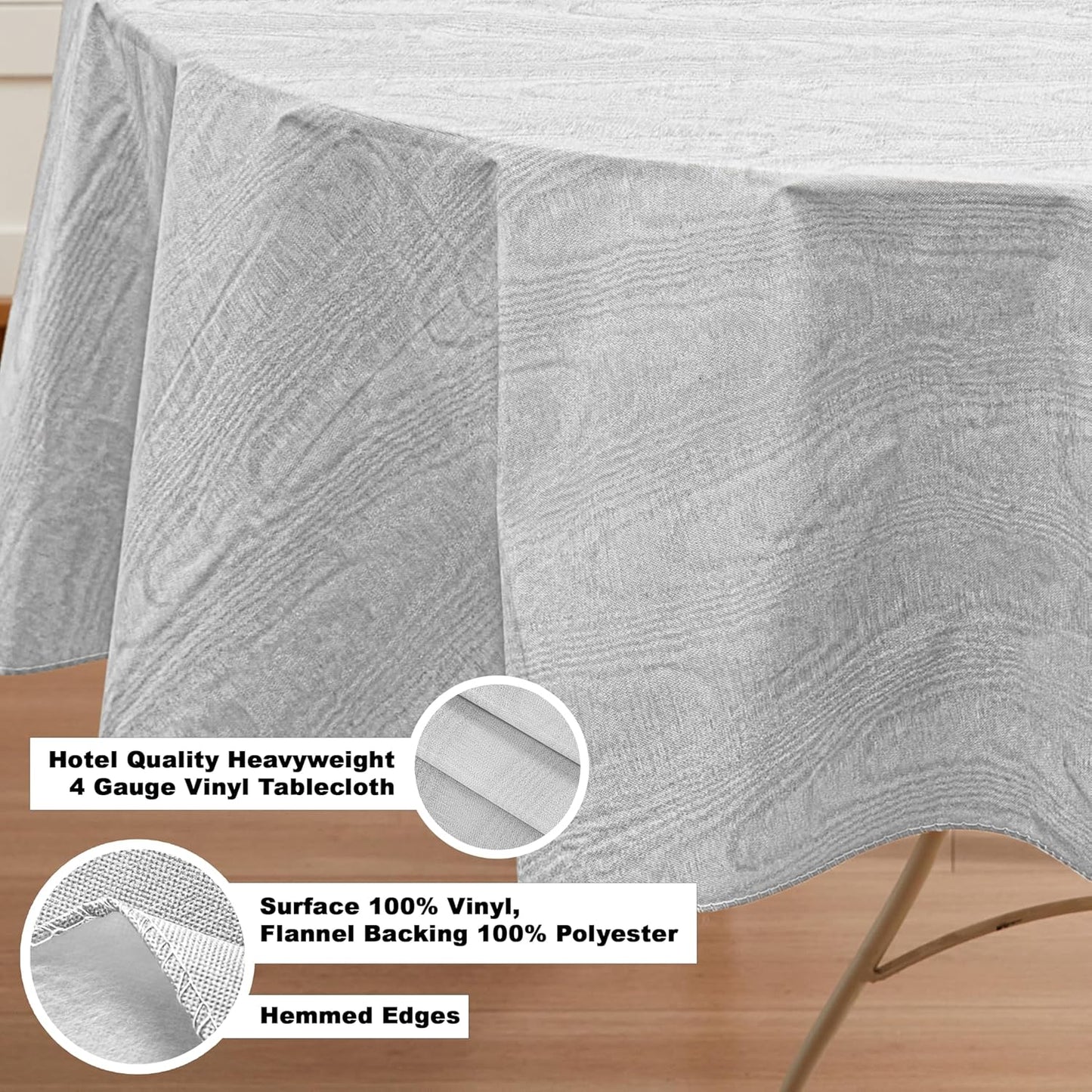 Newbridge Vinyl Flannel Backed Tablecloth, 60 x 84 Inch Oval, Silvery White Moire Wavy Solid Design, Heavyweight Indoor Outdoor Waterproof Table Cover, Easy Care Wipe Clean