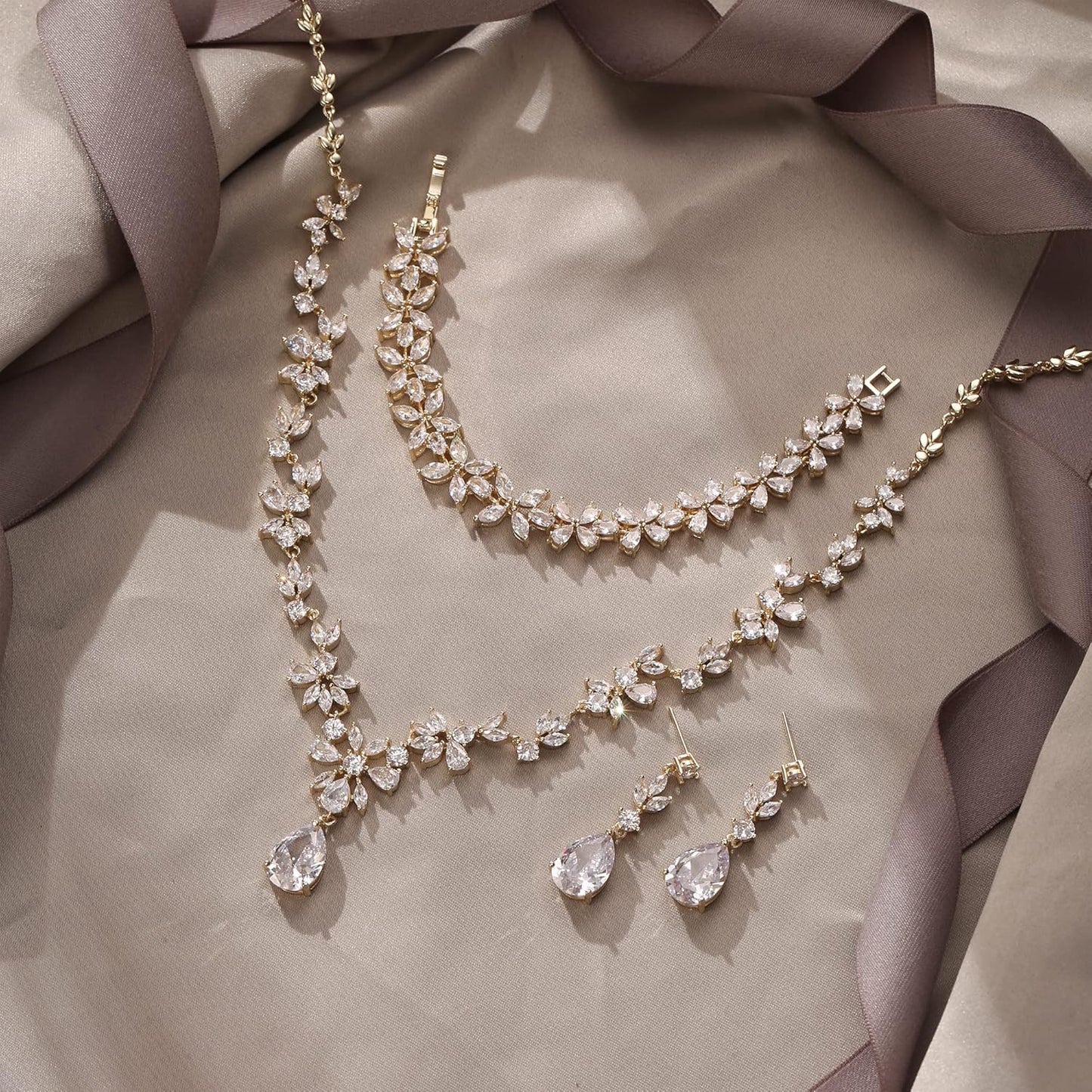 EVER FAITH Bridal Jewelry Set for Bride Bridesmaid, Flower Leaf Teardrop Cubic Zirconia Necklace Dangle Earrings Bracelet Sets Wedding Party for Women