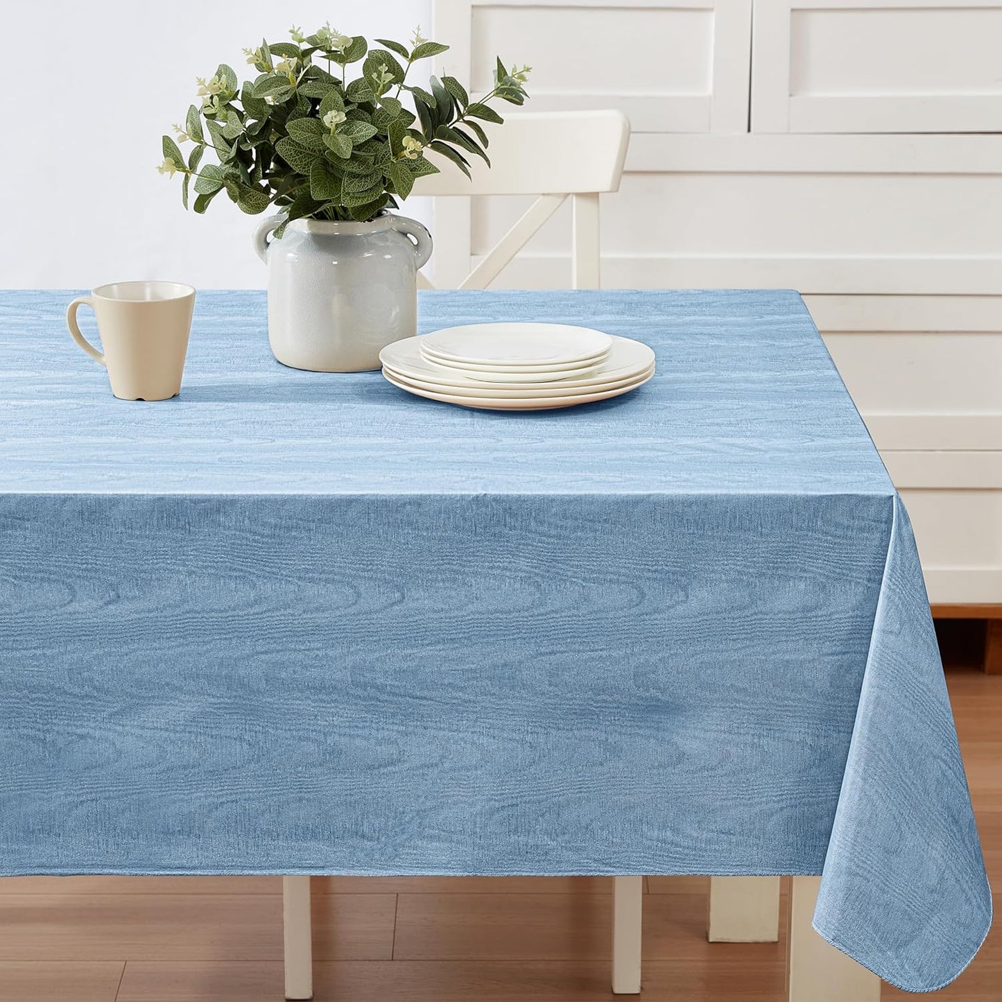 Newbridge Vinyl Flannel Backed Tablecloth, 52 x 52 Inch Square, Blue Moire Wavy Solid Design, Heavyweight Indoor Outdoor Waterproof Table Cover, Easy Care Wipe Clean