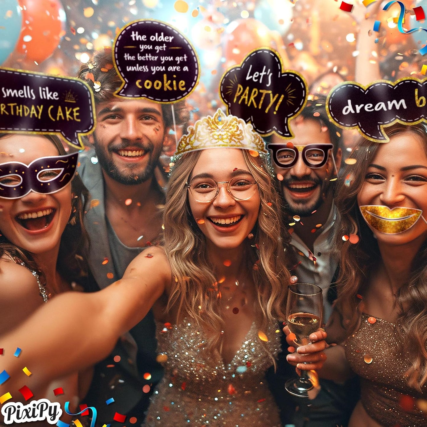 Premium Birthday Photo Booth Props Kit - 27 Pieces Black & Gold Party Decorations - Durable & Easy-to-Use Photobooth Props Signs for Memorable Photos - Party Supply Decorations - by PixiPy