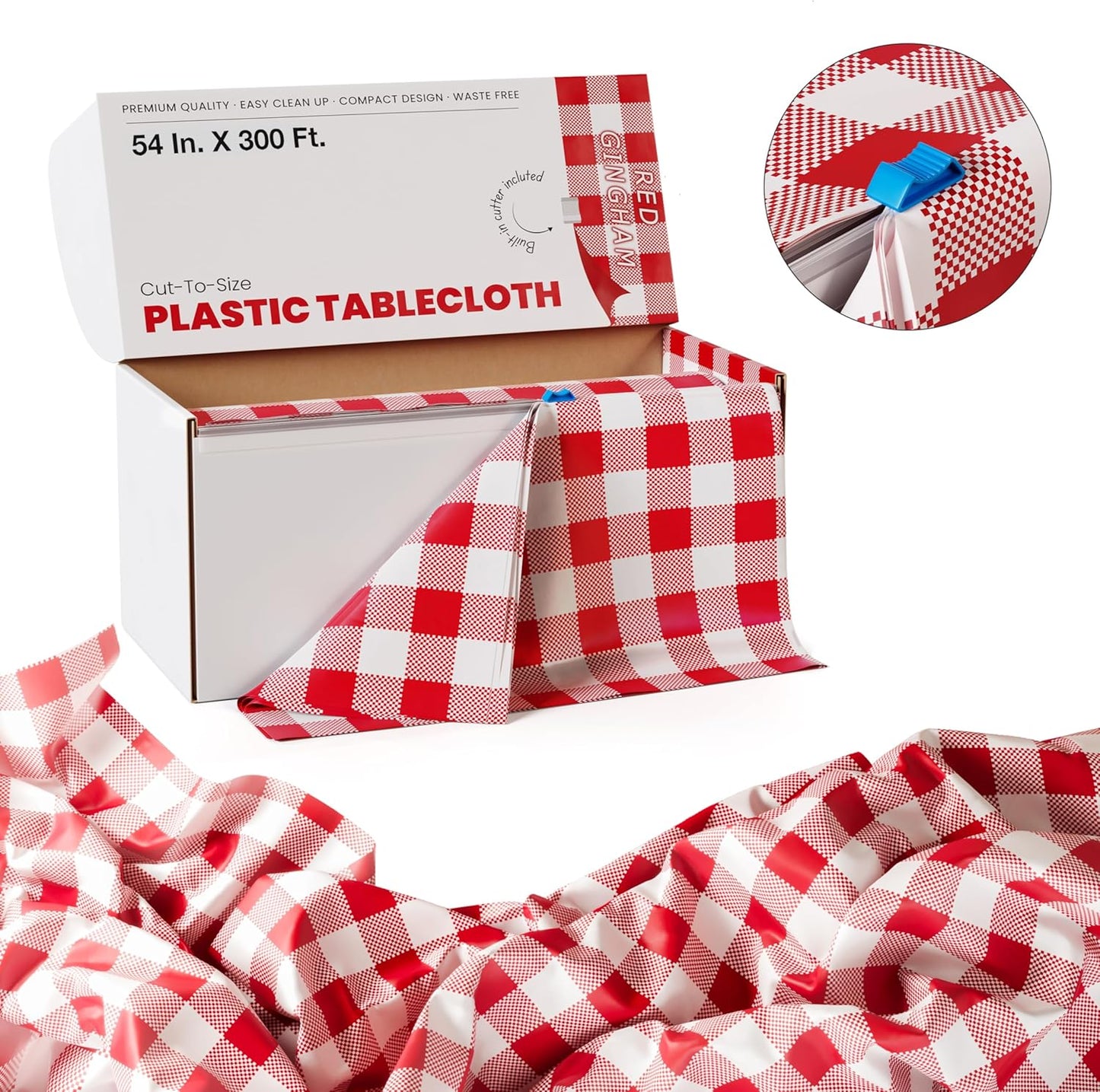 Party Solids 54 Inch X 300 Feet Red Gingham Plastic Table Cover Roll in A Cut - to - Size Box with Convenient Slide Cutter. Cuts Up to 36 Rectangle 8 Feet Plastic Disposable Tablecloths