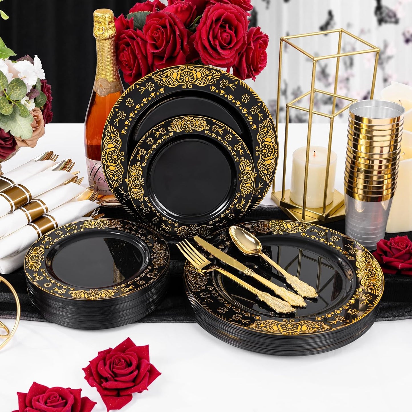 GATHER 350PCS Black and Gold Plastic Plates - Gold Disposable Dinnerware Set Include 50 Dinner Plates, 50 Dessert Plates, 150 Gold Plastic Silverware, 50 Napkins, 50 Cups for Wedding & Halloween