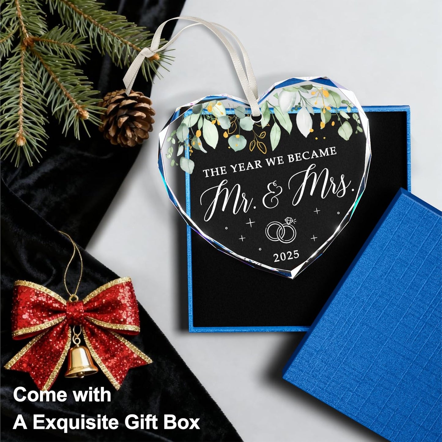 Wedding Gifts for Couples 2025 - Mr and Mrs Gift, Bridal Shower Gifts, Wedding Ideas for Newlywed Couple, Just Married Ornament 2025, Crystal Glass First Christmas Married Ornament