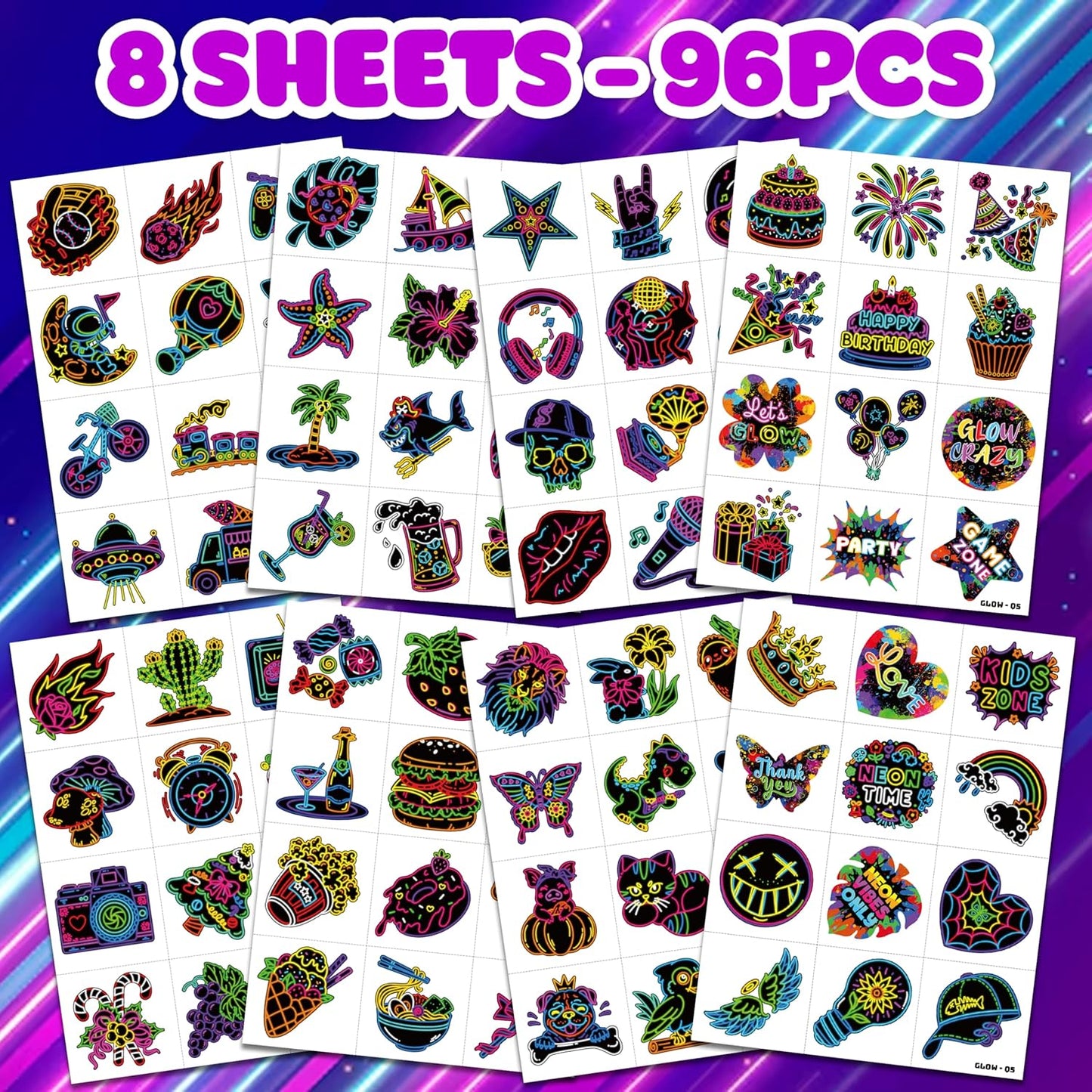 96 PCS Neon Let Glow In The Dark Pre-Cut Temporary Tattoos for Kids | Super Cute Themed Birthday Party Favors, Supplies, Decorations, Fake Tattoo Stickers, School Rewards Prizes & Gifts Boys & Girls