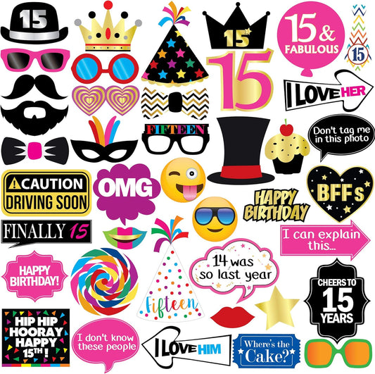 15th Birthday Photo Booth Party Props - 40 Pieces - Funny Kids Birthday Party Supplies, Decorations and Favors