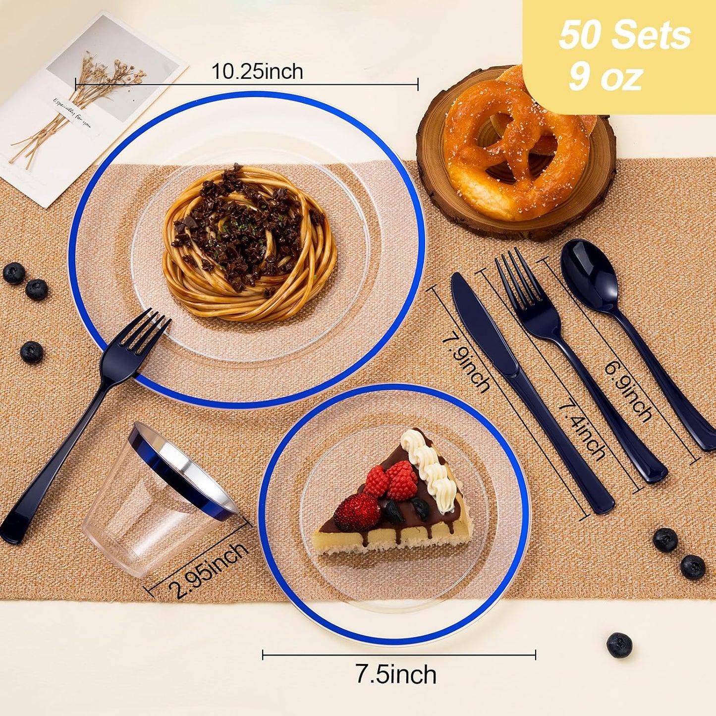 350PCS Blue and Clear Plastic Dinnerware Sets for 50 Guests, Include 100 Blue Disposable Plates, 100 Forks, 50 Knives, 50 Spoons, 50 Cups,christmas party supplies