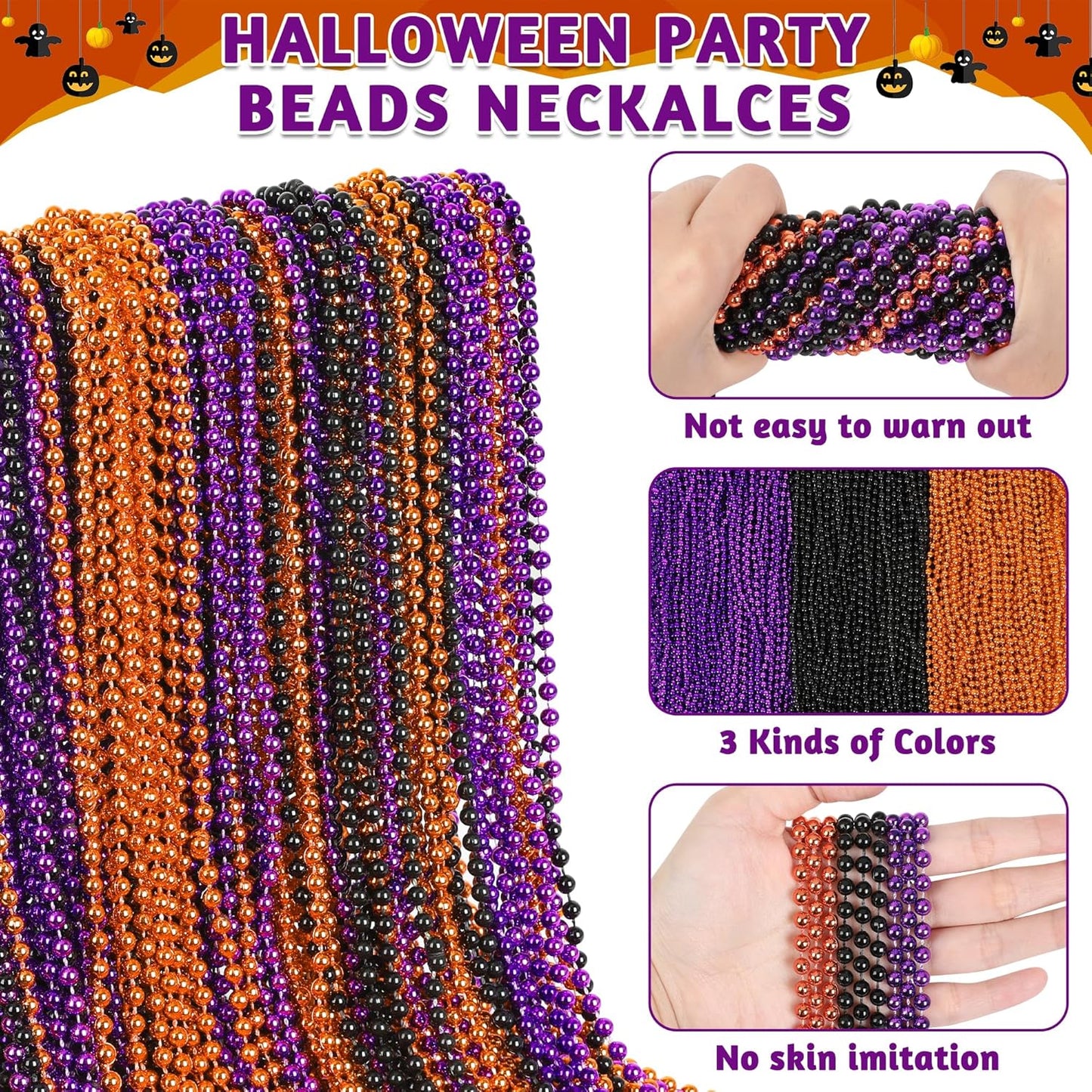 200 PCS Black Purple Orange Beads Necklaces, Halloween Accessories Beaded Bulk, Halloween Bead Necklaces Trick or Treat Supplies Party Favors Parade Throw Decorations Stuff