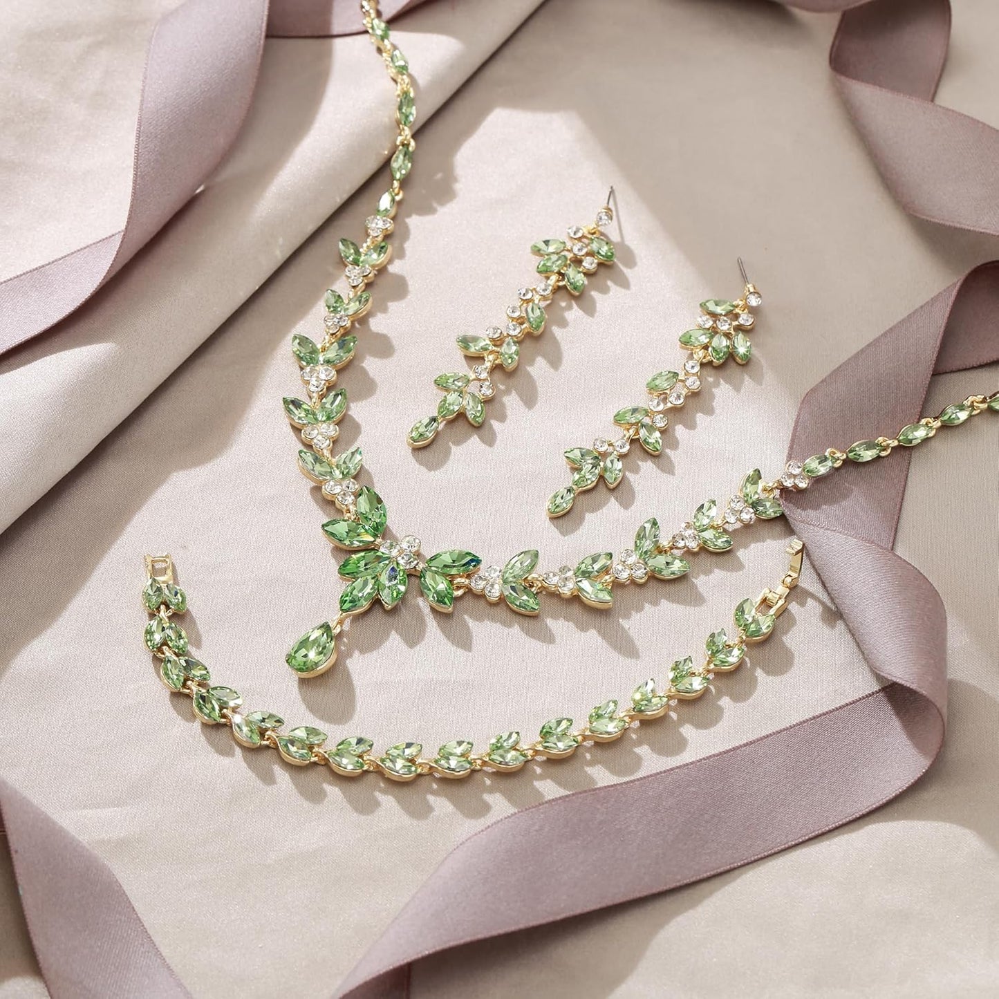 EVER FAITH Austrian Crystal Bridal Bridesmaid Jewelry Sets, Elegant Marquise Rhinestone Leaf Necklace Dangle Earrings Tennis Bracelet Set for Women