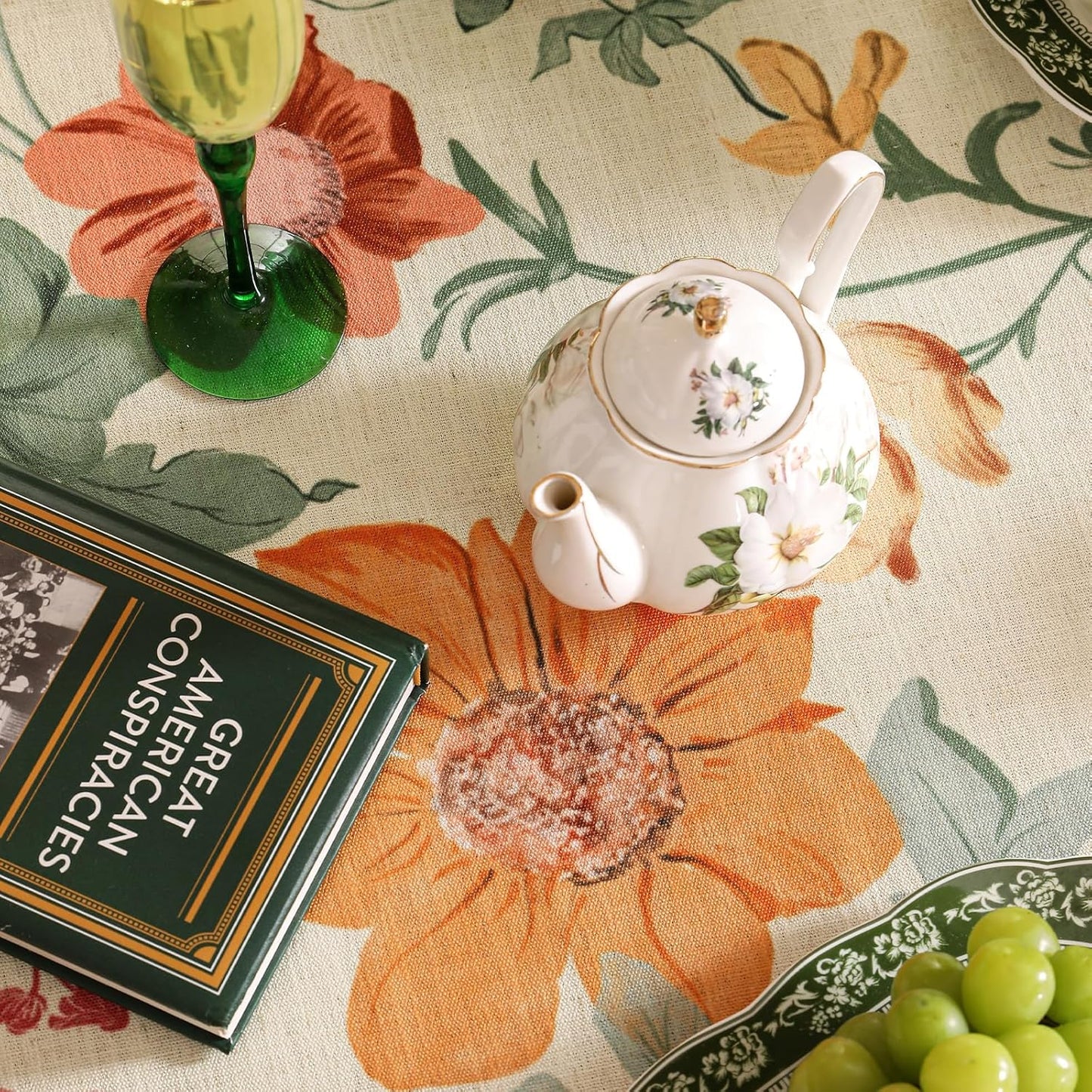 French Long Tablecloth for Rectangle Table,Linen Orange Floral Wrinkle Resistant Tablecloths,Decorative Table Cover for Kitchen,Dining,Tea Party,Thanksgiving,Christmas,63"*94"-Milch