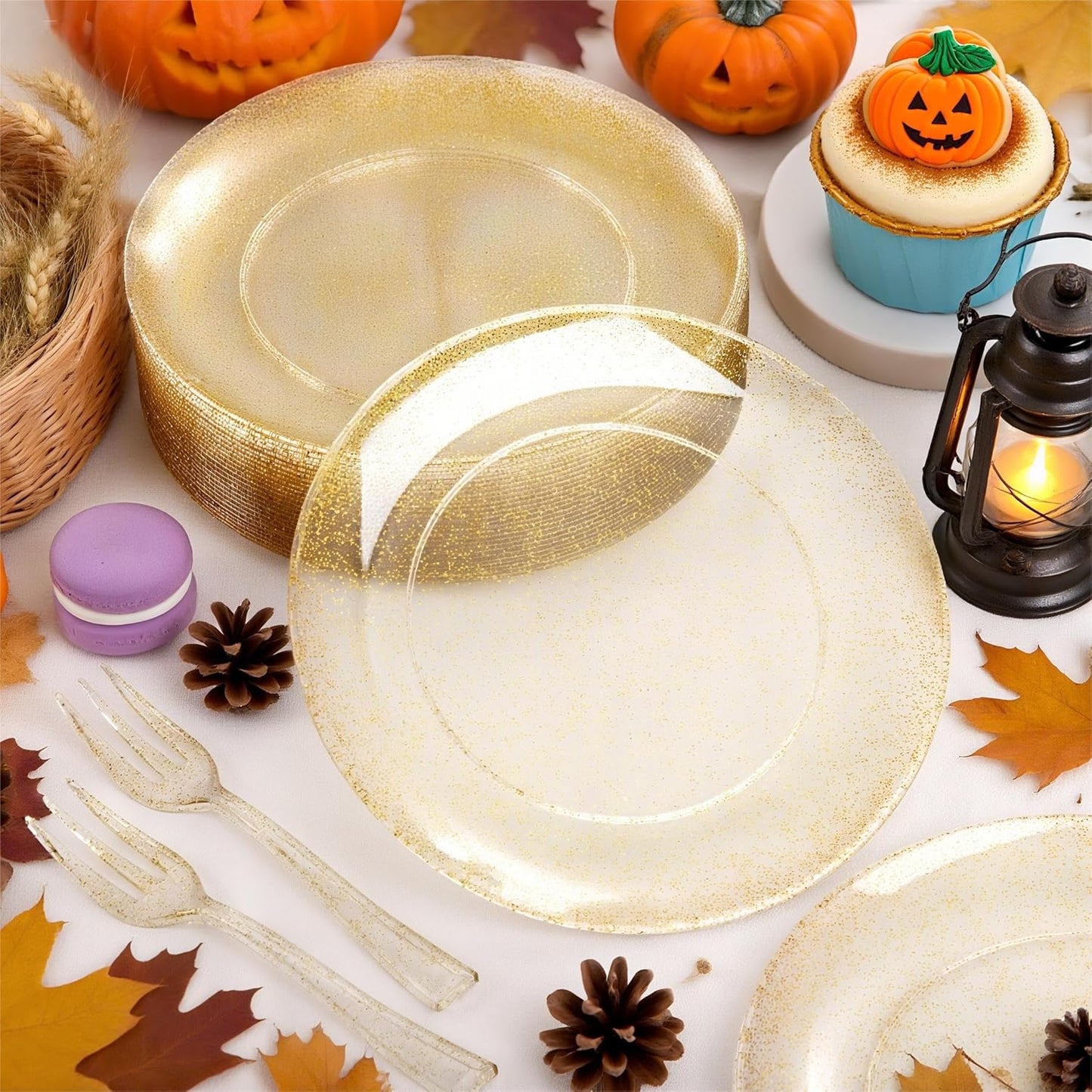 Festiva 200Pcs Gold Glitter Dessert Plates 6.3" with Forks 5"-Small Plastic Dessert/Cake/Appetizer Plates Disposable for 100 Guests Thanksgiving Party &Wedding& Birthday& Christmas