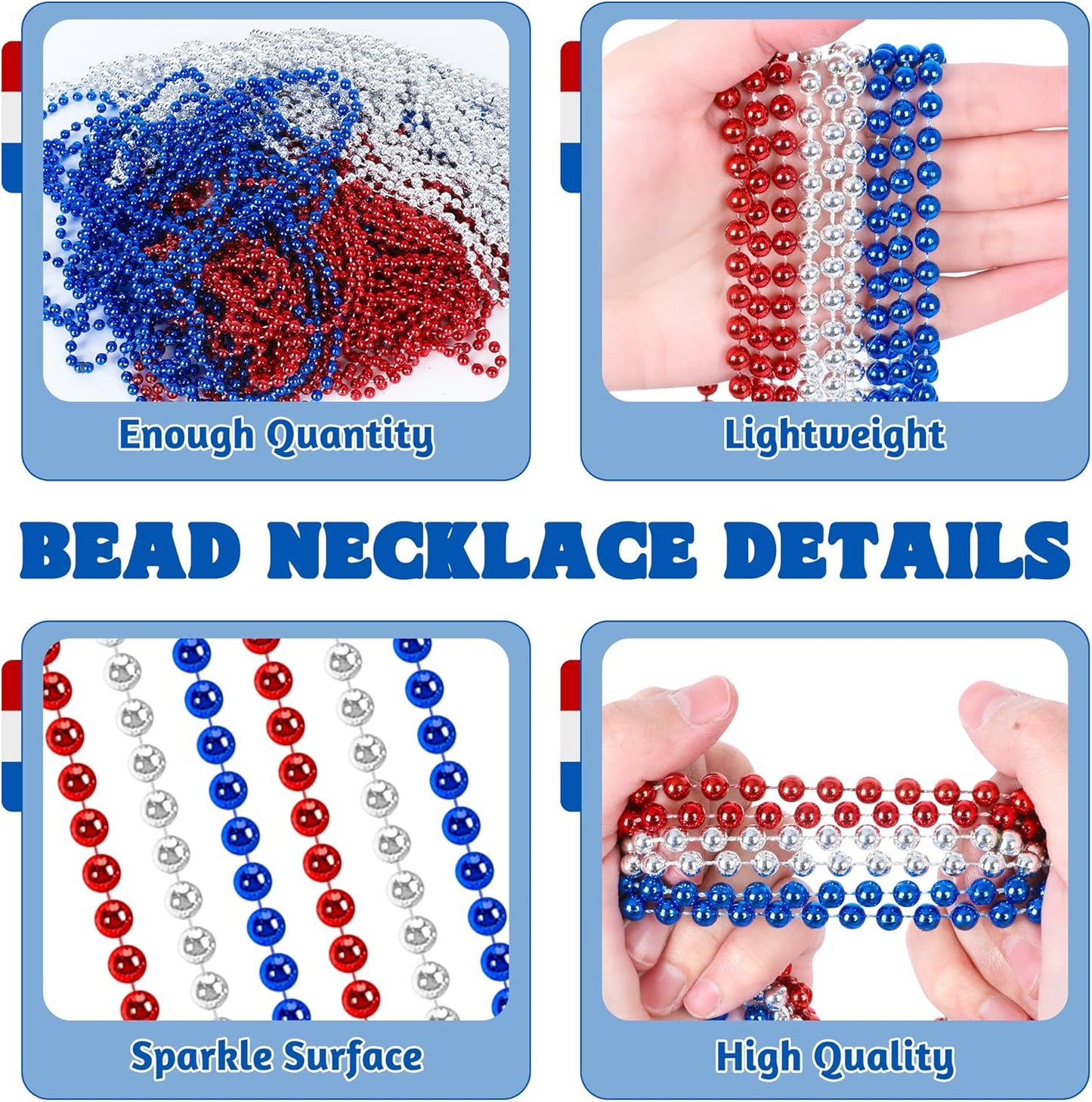 12 PCS 4th of July Beads Necklaces, 33" Red Silver Blue Beaded Necklaces Bulk, Patriotic Round Beads, Independence Day Parade Suppliesfor Fourth of July Party Accessories Decorations Favors