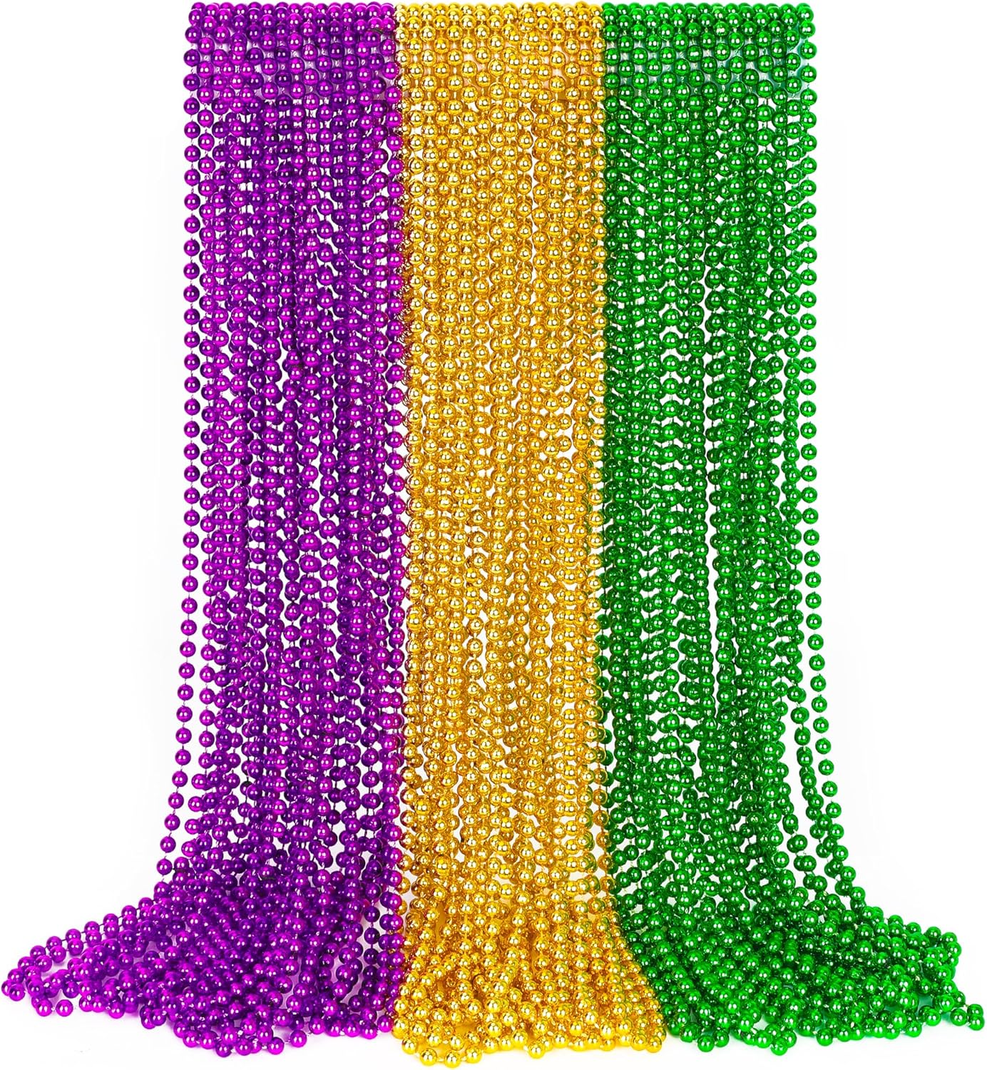 30PCS Mardi Gras Accessories, Green Purple Gold Mardi Gras Beads Necklaces Bulk, Metallic 33" Round Beads Necklace Costumes Decor, Parade Throws Party Decorations Favor Supplies