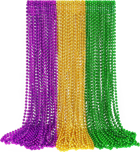 30PCS Mardi Gras Accessories, Green Purple Gold Mardi Gras Beads Necklaces Bulk, Metallic 33" Round Beads Necklace Costumes Decor, Parade Throws Party Decorations Favor Supplies