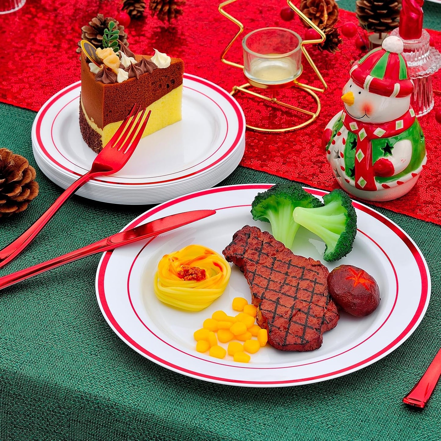 300 PCS Red Dinnerware Set for 50 Guests,Red Rimmed Heavy Duty Plastic Disposable Plates for Party Wedding-50 Dinner Plates,Dessert Plates,Spoons,Forks,Knives,Cups