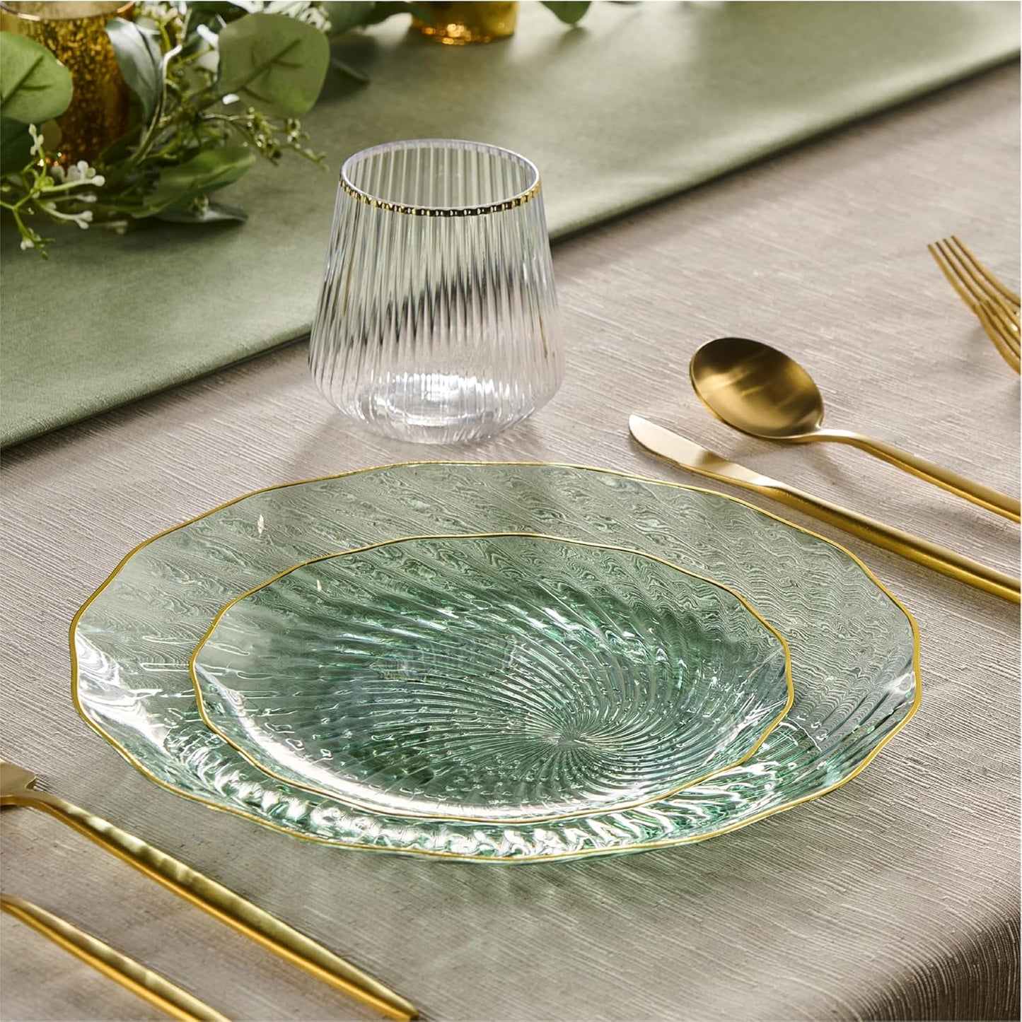 PLASTICPRO 30 Pack Plastic Plates Set of 15-10 inch Plates and 15-7 inch Plates, Elegant Clear Green Spiral and Gold Rim Disposable Fancy Plates Premium Heavyweight