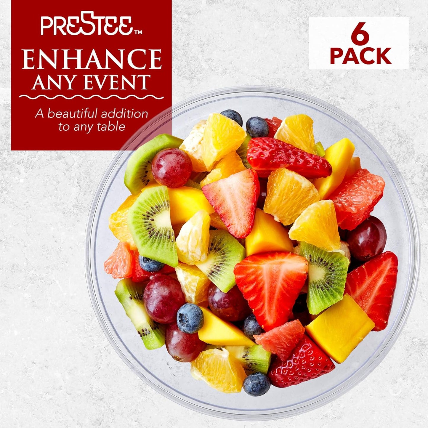 Prestee Clear Plastic Serving Bowls, 96 Oz. 6 Pack - Round Disposable Large Plastic Bowl, Punch, Party, Chip Bowl Containers for Candy, Salads, Parties, and Serving Food - Salad Bowls Dish for Eating