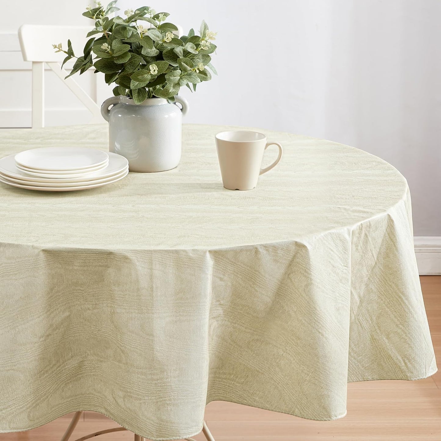 Newbridge Vinyl Flannel Backed Tablecloth, 70 inch Round, Beige Moire Wavy Solid Design, Heavyweight Indoor Outdoor Waterproof Table Cover, Easy Care Wipe Clean