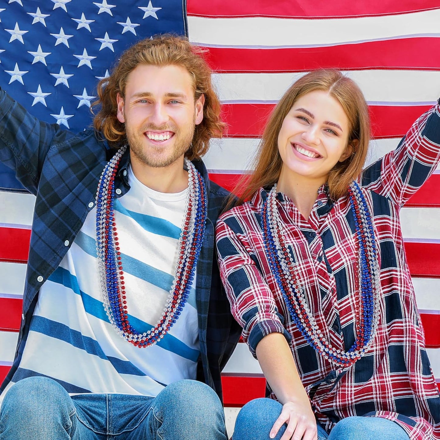 12 PCS 4th of July Beads Necklaces, 33" Red Silver Blue Beaded Necklaces Bulk, Patriotic Round Beads, Independence Day Parade Suppliesfor Fourth of July Party Accessories Decorations Favors