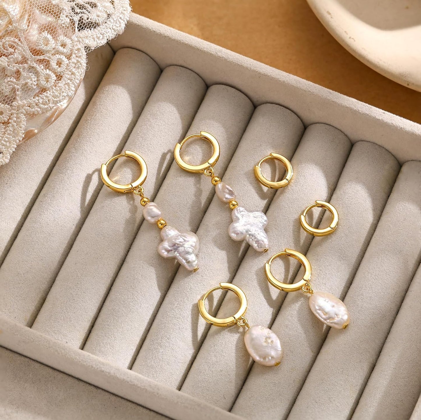 Moodear Gold Earrings for Women No Tarnish - Trendy 14K Gold Plated Pearl Hoop Studs Chain Earrings Stacks for Women Wedding Jewelry Gift