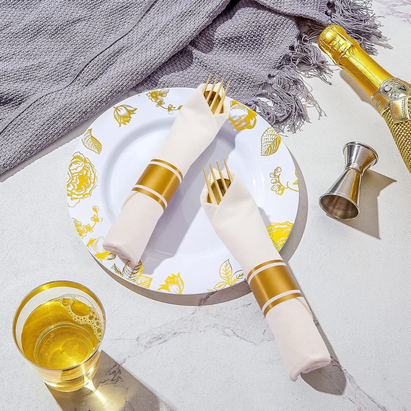 N9R 50 Pack Pre Rolled Gold Plastic Cutlery Set, Wrapped Plastic Silverware Set with 50 Forks, 50 Knives, 50 Spoons and 50 Napkins, Disposable Cutlery Set for Party and Wedding