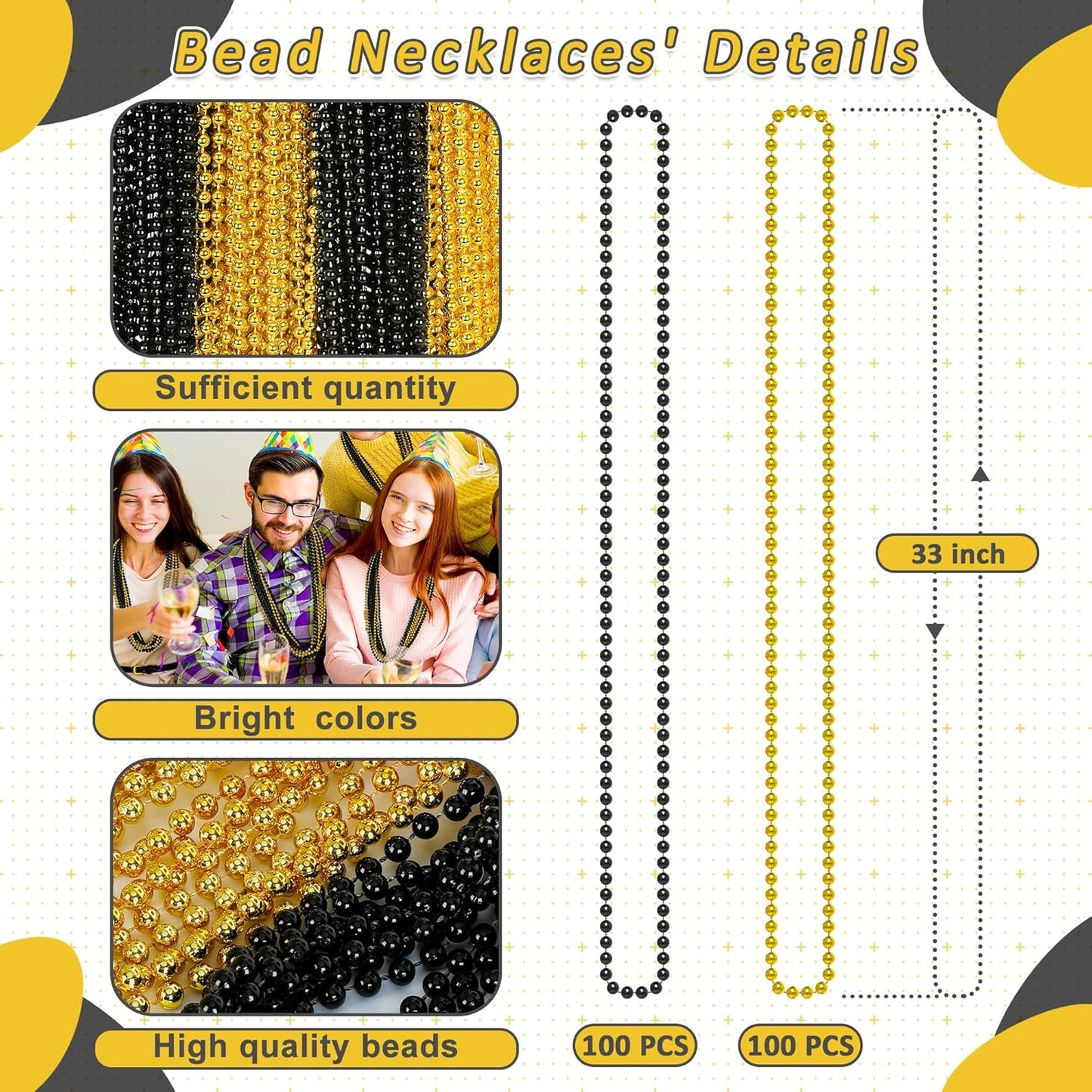 200 PCS Beaded Necklace, 33" Mardi Gras Beads, Black Gold New Year Party Supplies, Mardi Gras Accessories, Bead Necklace Parade Throws Bulk for Festival Event Christmas Pirate Party Supplies