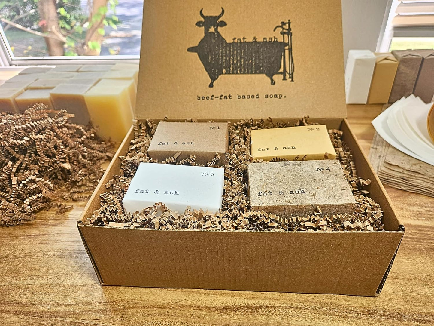 fat & ash Beef Tallow Soap Bar (8 Pack) - VERY SIMPLE INGREDIENTS - Organic and Moisturizing - Handmade in USA - Family Recipe - Long-Lasting, All-Natural, For Dry Skin