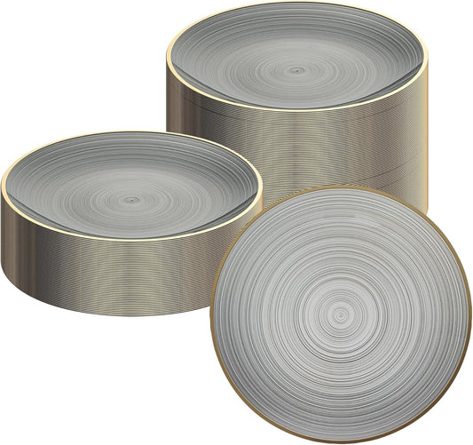 Restaurantware Plastic Plates 100 Pcs 7.25" Gold Rimmed Disposable Plates Heavy-Duty Black Translucent Rippled Plastic Dinner Servers for Party, Weddings, Salads, Desserts, and Appetizers