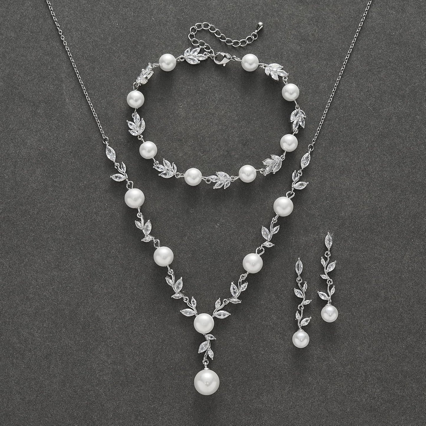 SWEETV Jewelry Set for Bride Women, Cubic Zirconia Pearl Bridal Earrings Necklace Bracelet Set, Bridal Jewelry Set for Wedding Prom