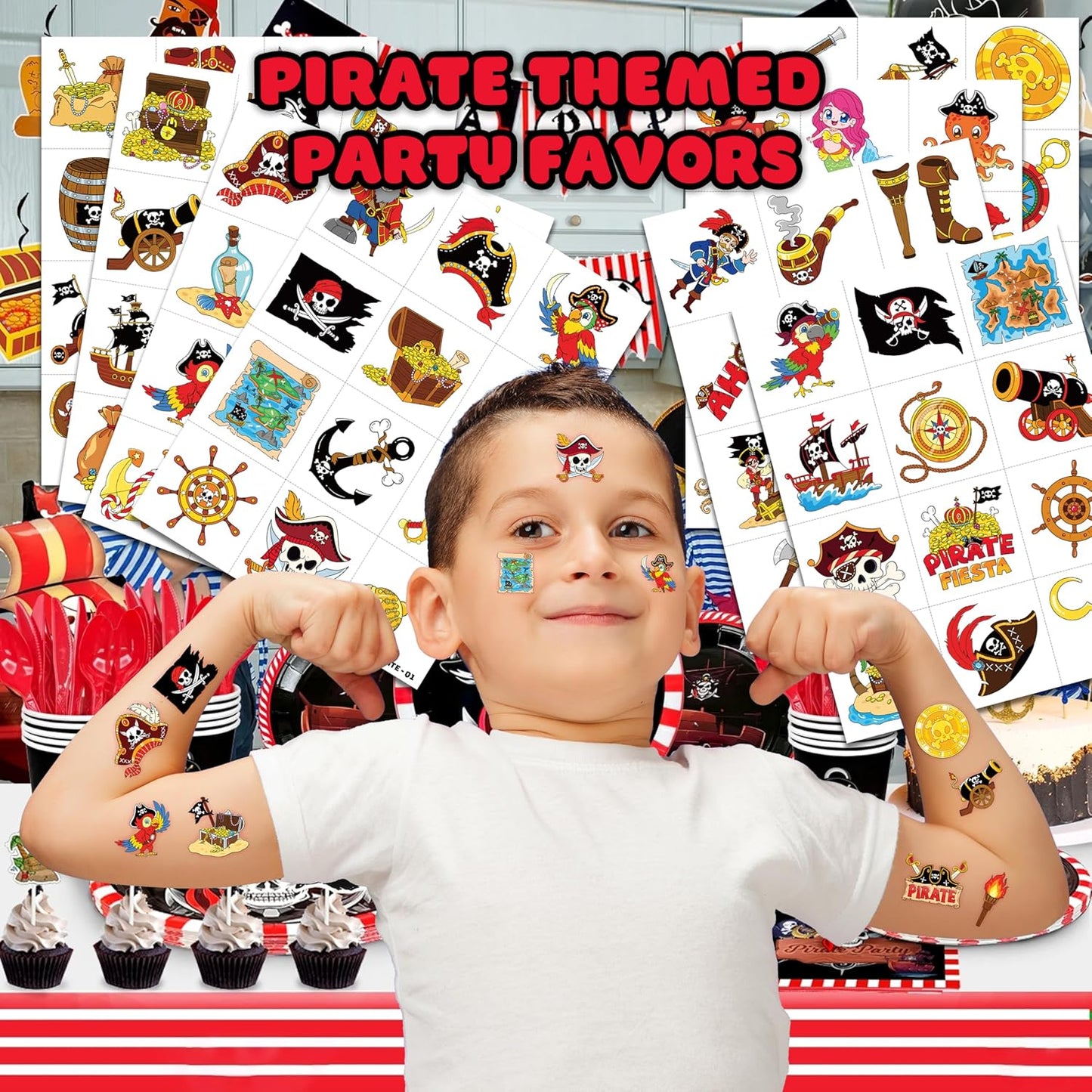 96PCS Pirate Ship Nautical Pre-Cut Temporary Tattoos for Kids | Super Cute Theme Birthday Party Favors, Supplies, Decorations, Mermaid Treasure Fake Tattoo Stickers (Multiple)