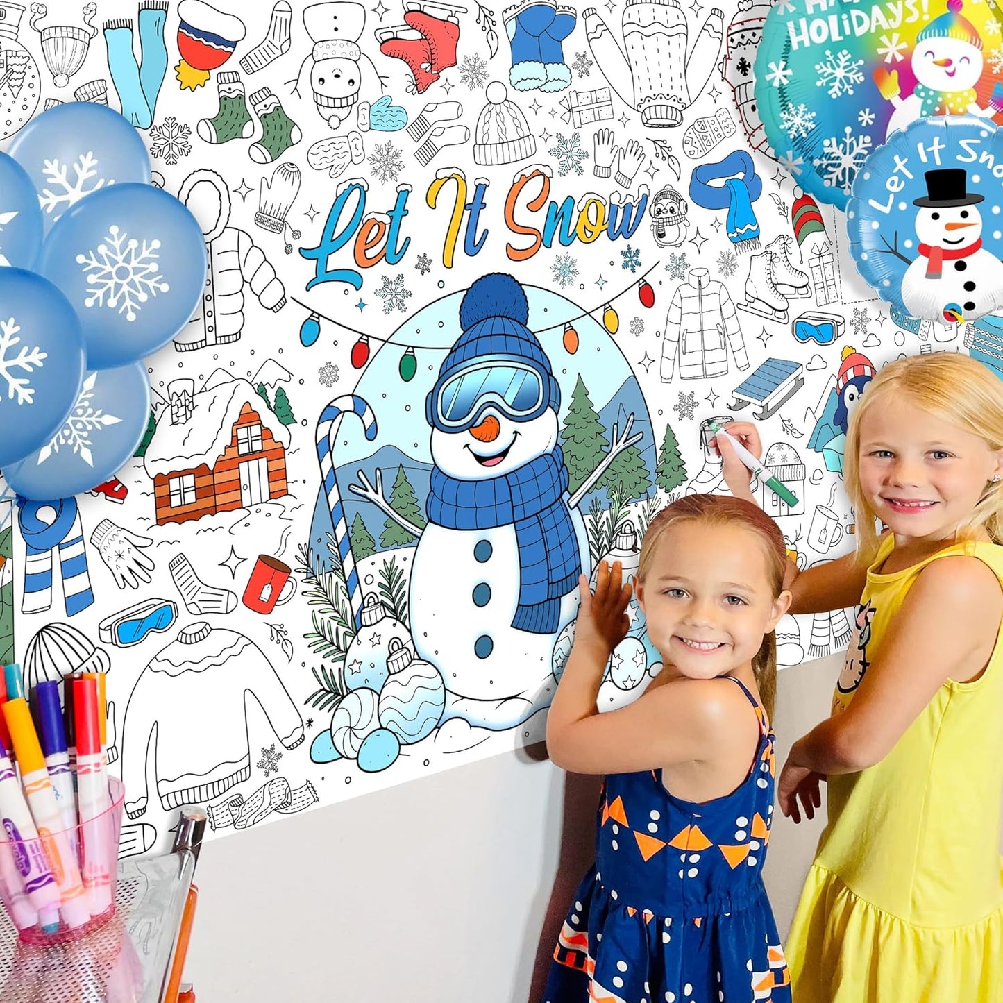 Winter Coloring Tablecloth for Kids, A Large 30x72 Inch Poster with Snowman, Snowflake, and Winter Scenes, Perfect for Holiday Party Games, Decorations, Classroom Fun, and Seasonal Supplies