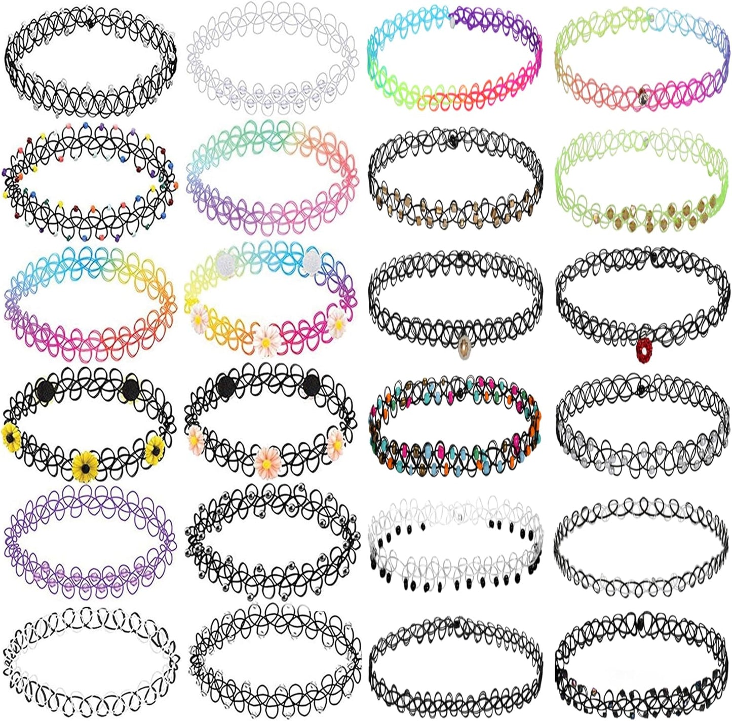 BodyJ4You 24PC Tattoo Choker Necklace - 90s Choker Necklaces Y2K Fashion Trendy Vintage - Daisy Flower Charm Colorful Rainbow Black Goth Pendant - Stretchy Elastic Necklace Summer Gift Set