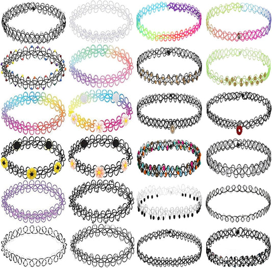 BodyJ4You 24PC Tattoo Choker Necklace - 90s Choker Necklaces Y2K Fashion Trendy Vintage - Daisy Flower Charm Colorful Rainbow Black Goth Pendant - Stretchy Elastic Necklace Summer Gift Set