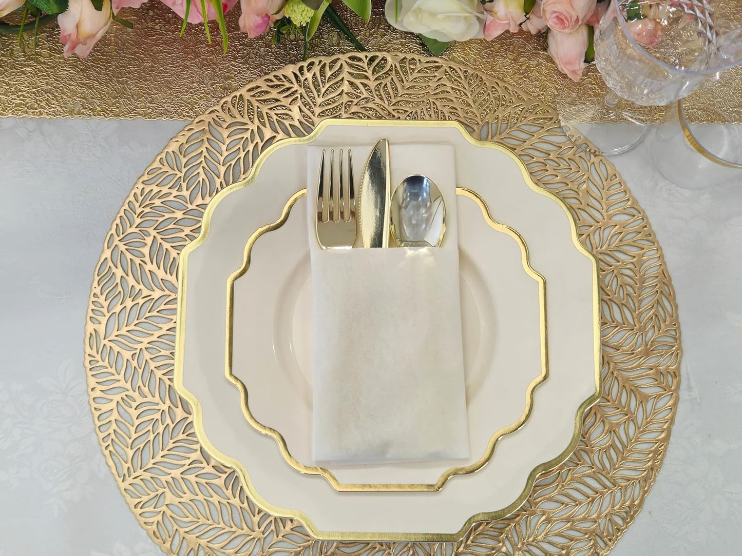 " OCCASIONS " 120 Plates Pack,(60 Guests) Heavyweight Wedding Party Disposable Plastic Plates Set -60 x 10.5'' Dinner + 60 x 8'' Salad/Dessert Plate (Imperial Ivory & Gold)