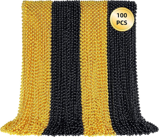SHAOQINLIN 100 PCS Gold Black New Year Necklaces, 33'' Happy New Year Eve Necklaces Accessories, 2026 New Year Party Beads for New Year's Day, Halloween, Christmas, Carnival Party Favors