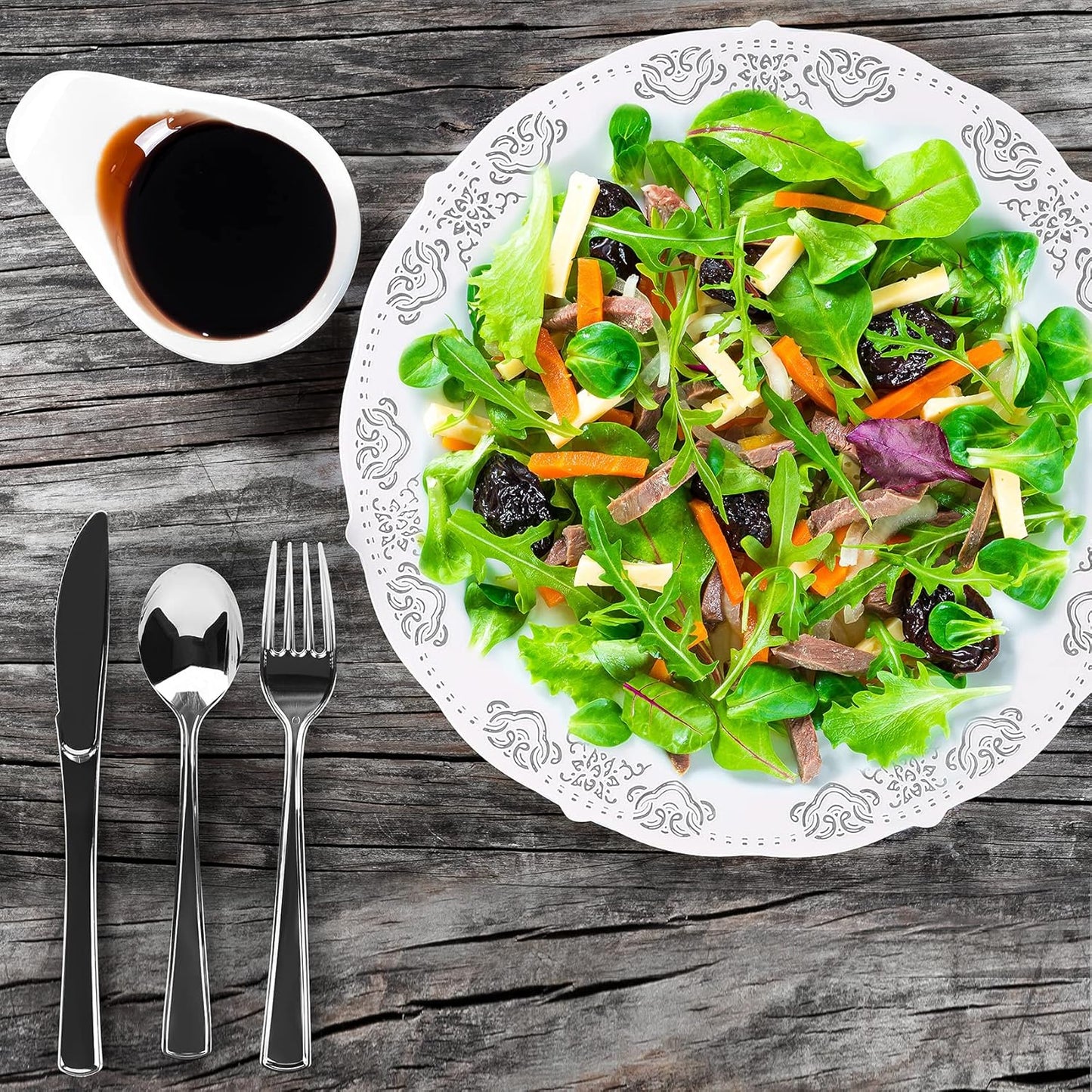 FULING 175 Pieces Silver White Dinnerware Set For 25 Guest Disposable Tableware Plastic Cutlery 5-Sets, With 12oz Cups, Knife, Fork, Spoon, Dinner Paper Each 25 Pieces For Wedding, Birthday, Party