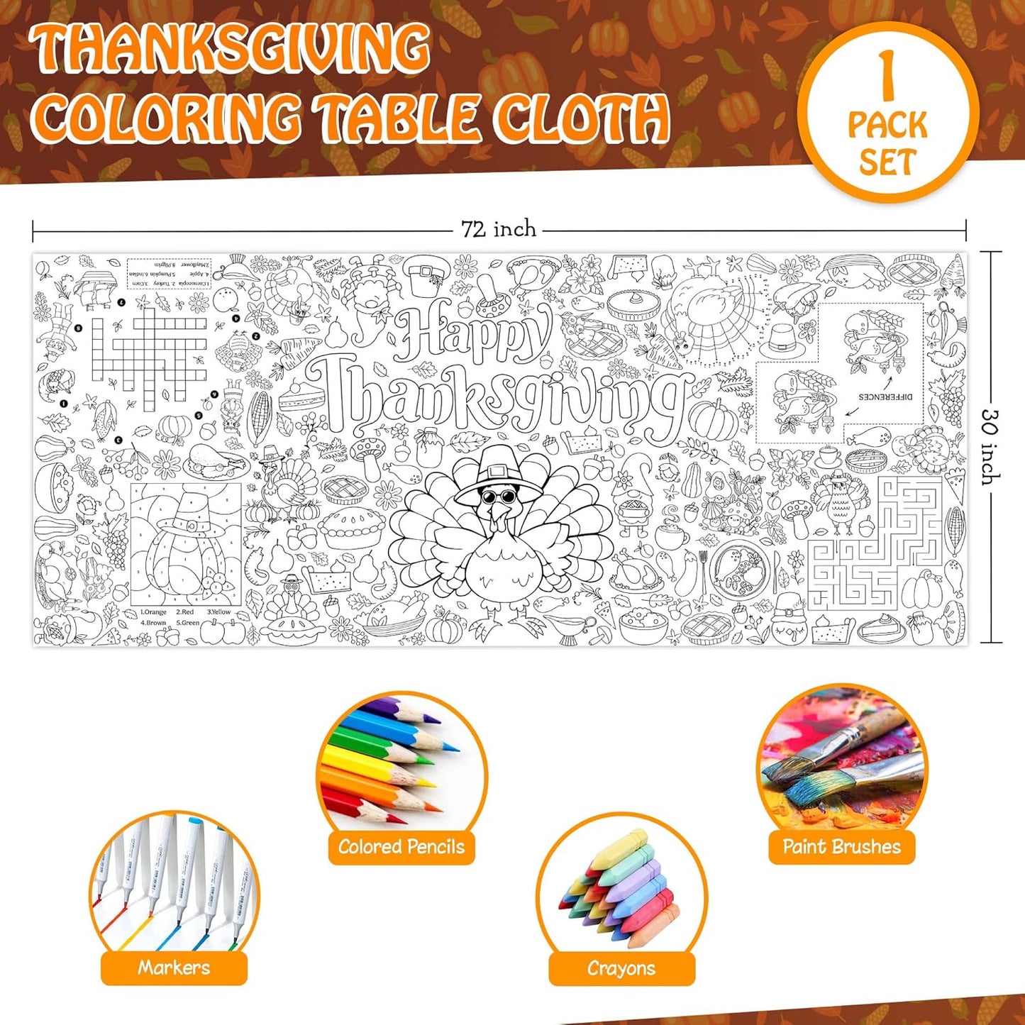 Thanksgiving Coloring Tablecloth for Kids, Giant 30x72 Inch Poster with Turkeys, Pumpkins, Harvest Symbols, Perfect for Party Games, Classroom Activities, Arts Crafts, Indoor Holiday Decor