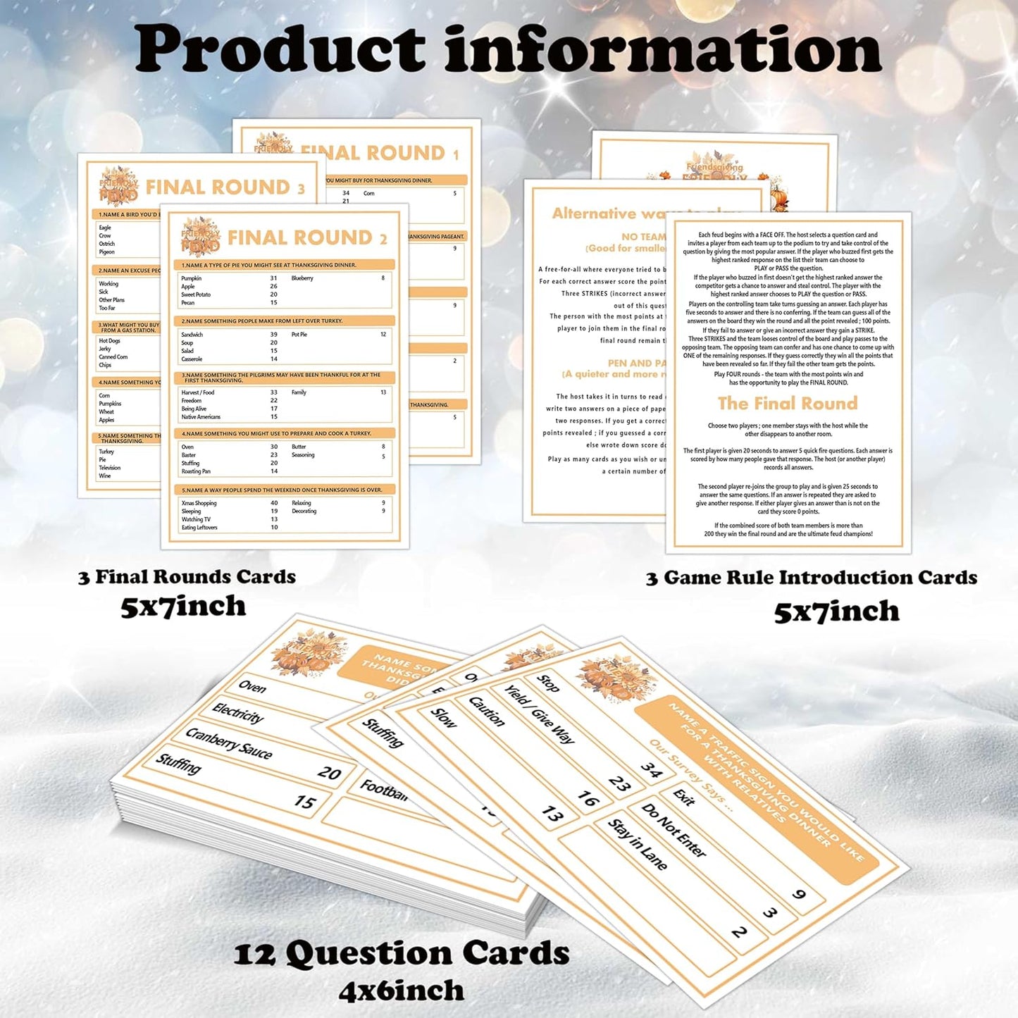 Thanksgiving Friendly Family Feud Game, Feud Trivia Quiz, Baby Shower Game for Family Activity (12 Question Cards & 3 Final Round Cards) Thanksgiving Games for Family Party Decorations Supplies-SG3