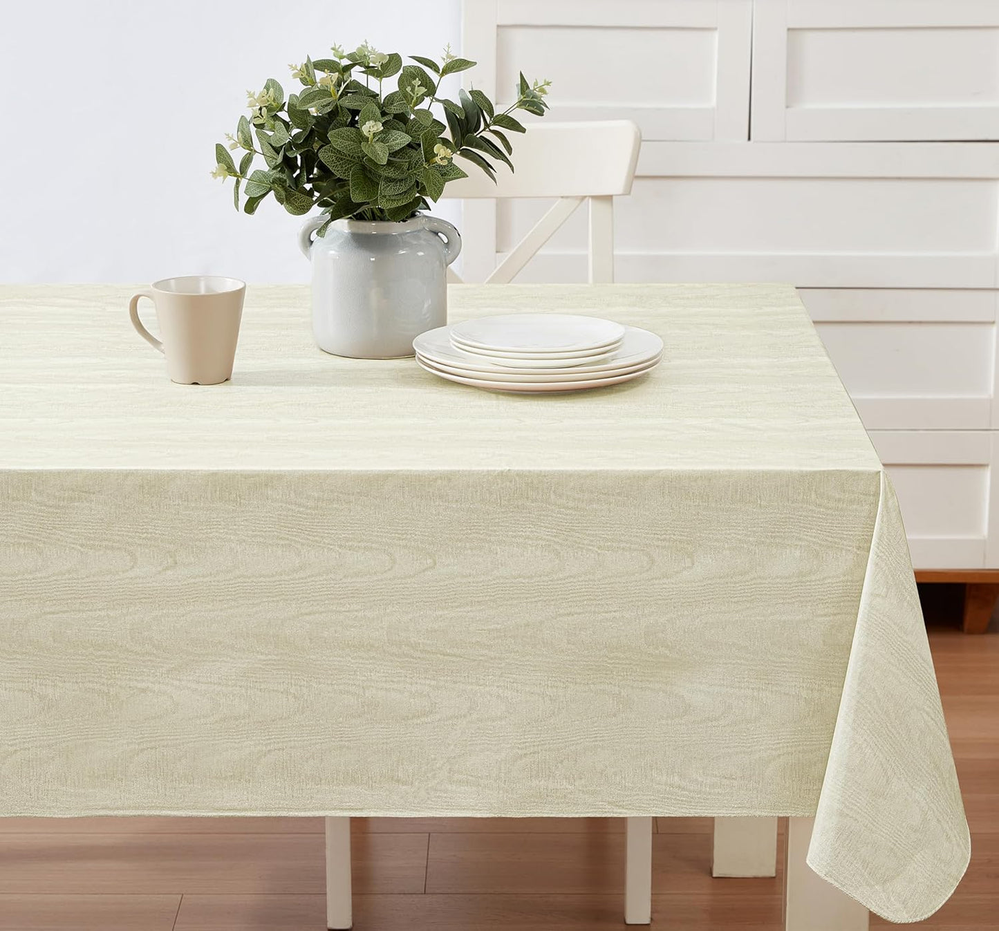 Newbridge Vinyl Flannel Backed Tablecloth, 60 x 120 Inch Rectangle, Beige Moire Wavy Solid Design, Heavyweight Indoor Outdoor Waterproof Table Cover, Easy Care Wipe Clean