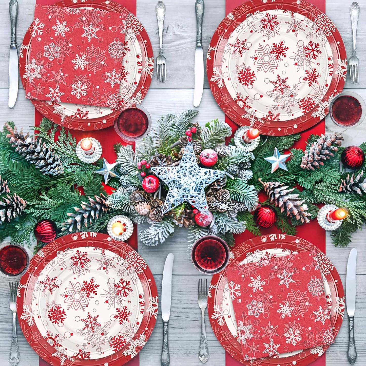 Homlouue 200Pcs Christmas Plates and Napkins Set – Disposable Snowflake Dinnerware with 50 Dinner & 50 Dessert Plate, Christmas Paper Plates and Napkins for Holiday Parties Decor