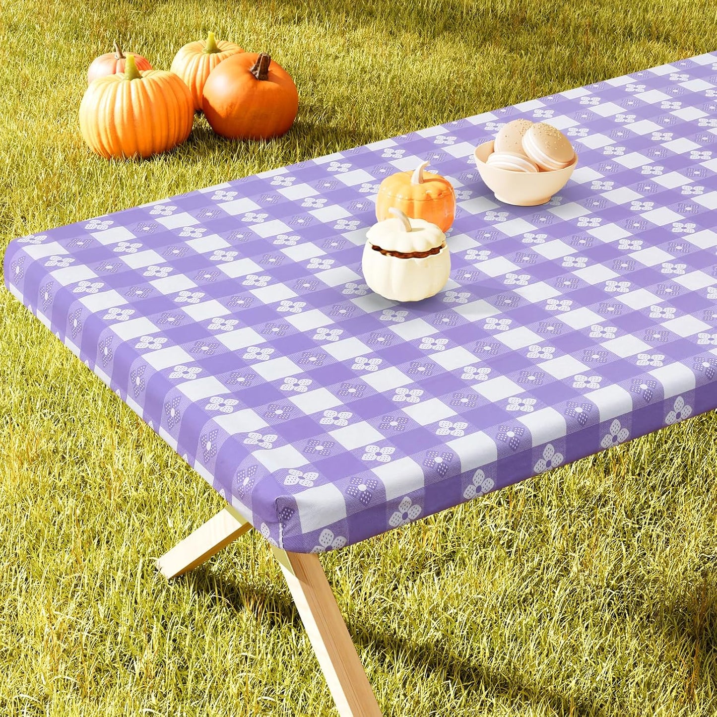 Rectangle Vinyl Table Cloth, Waterproof Elastic Fitted Tablecloth with Flannel Backing, Plastic Table Cover for Picnic, Camping, Outdoor (White & Lavender, 30"x96")