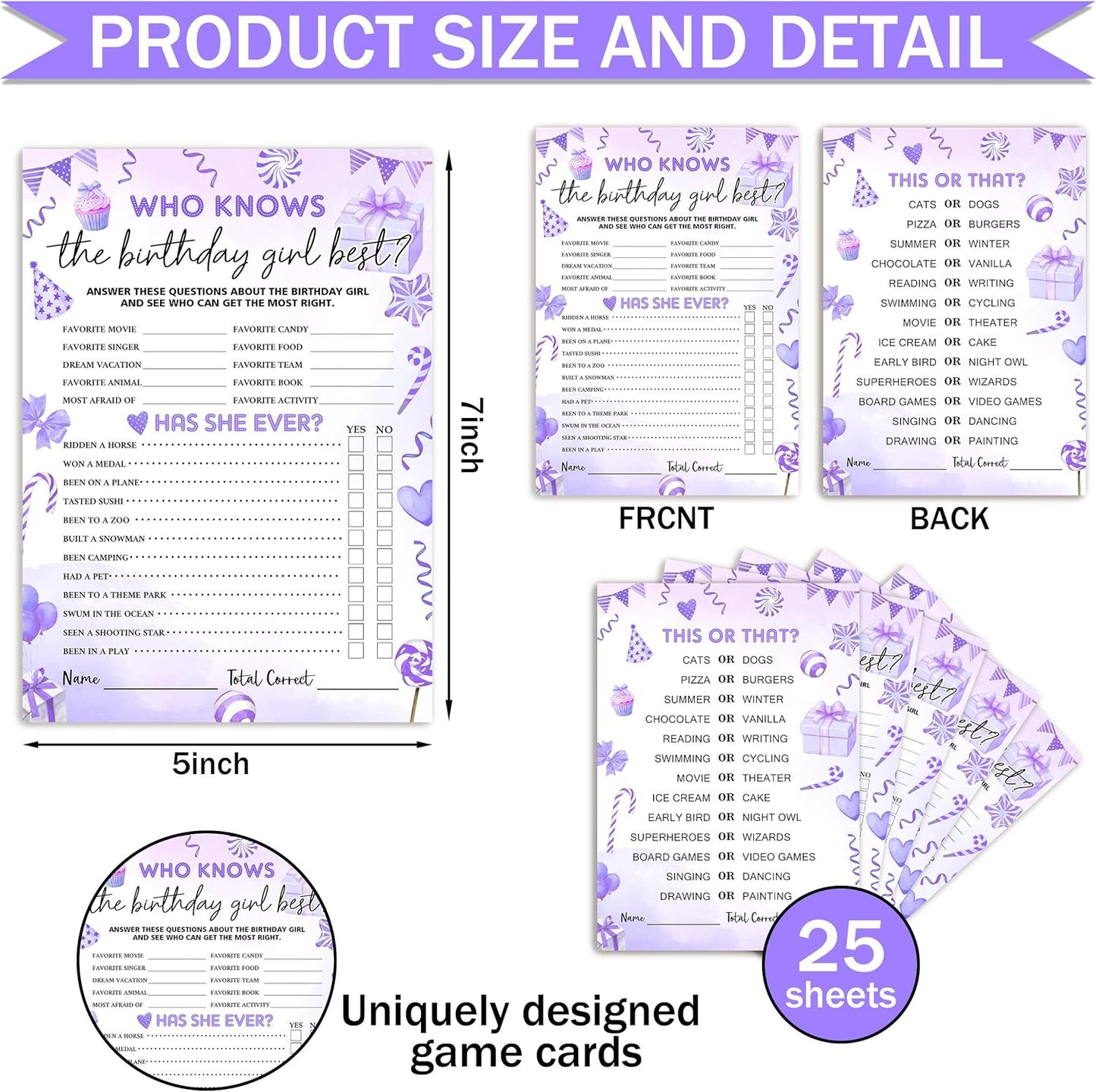 Birthday Party Games Card, Who Knows The Birthday Girl Best, Girls Sleepover Party Supplies for The Girls Card Game, 5x7 Inch Set of 25 Game Cards (Purple, Double-Sided) - A05