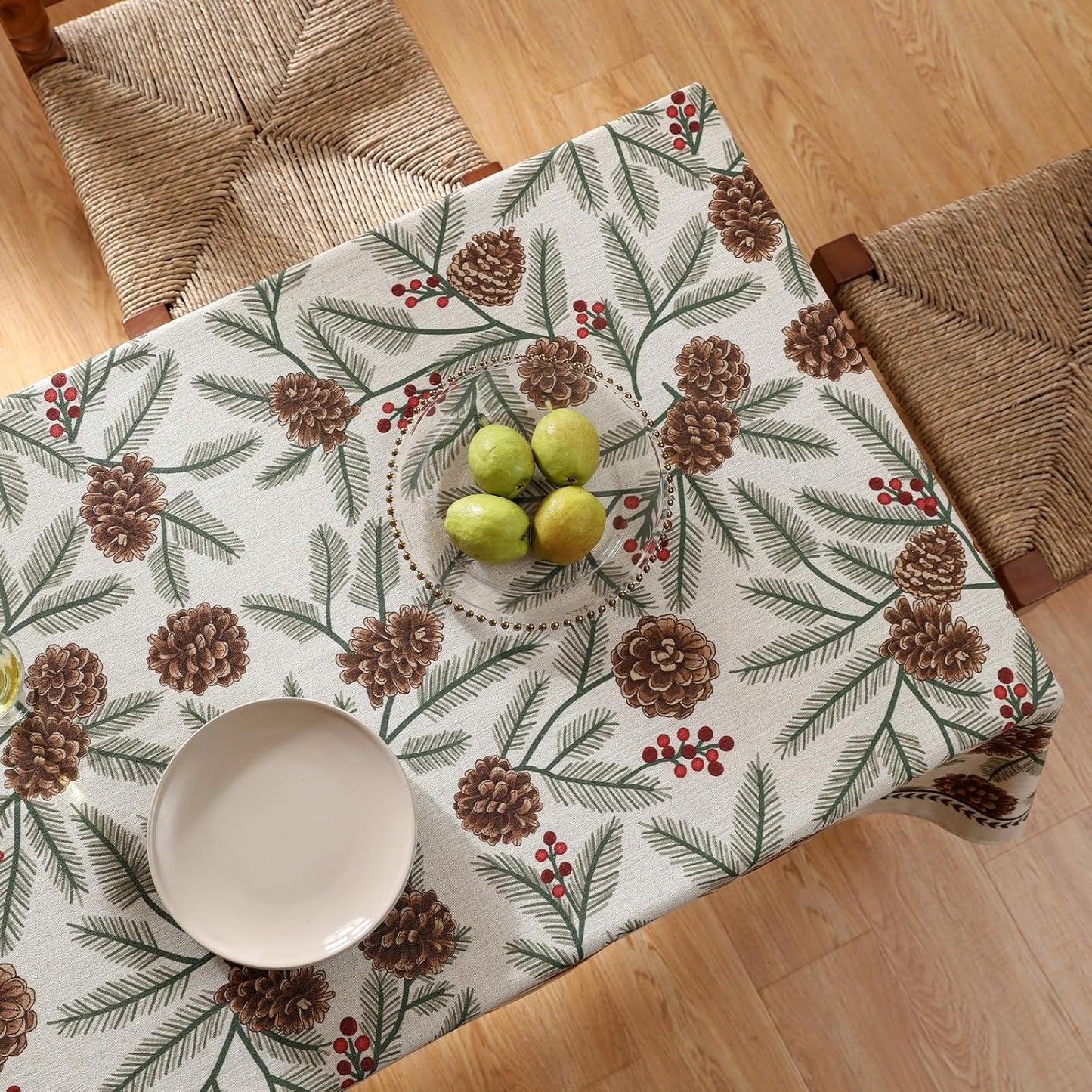ISAENNE Designer Christmas Beige Linen Long Rectangle Tablecloth,Pinecones Pattern Indoor Table Cloths,Washable Decor Tablecloths for Dining Thanksgiving Kitchen Christmas,63"*94"-Carol B