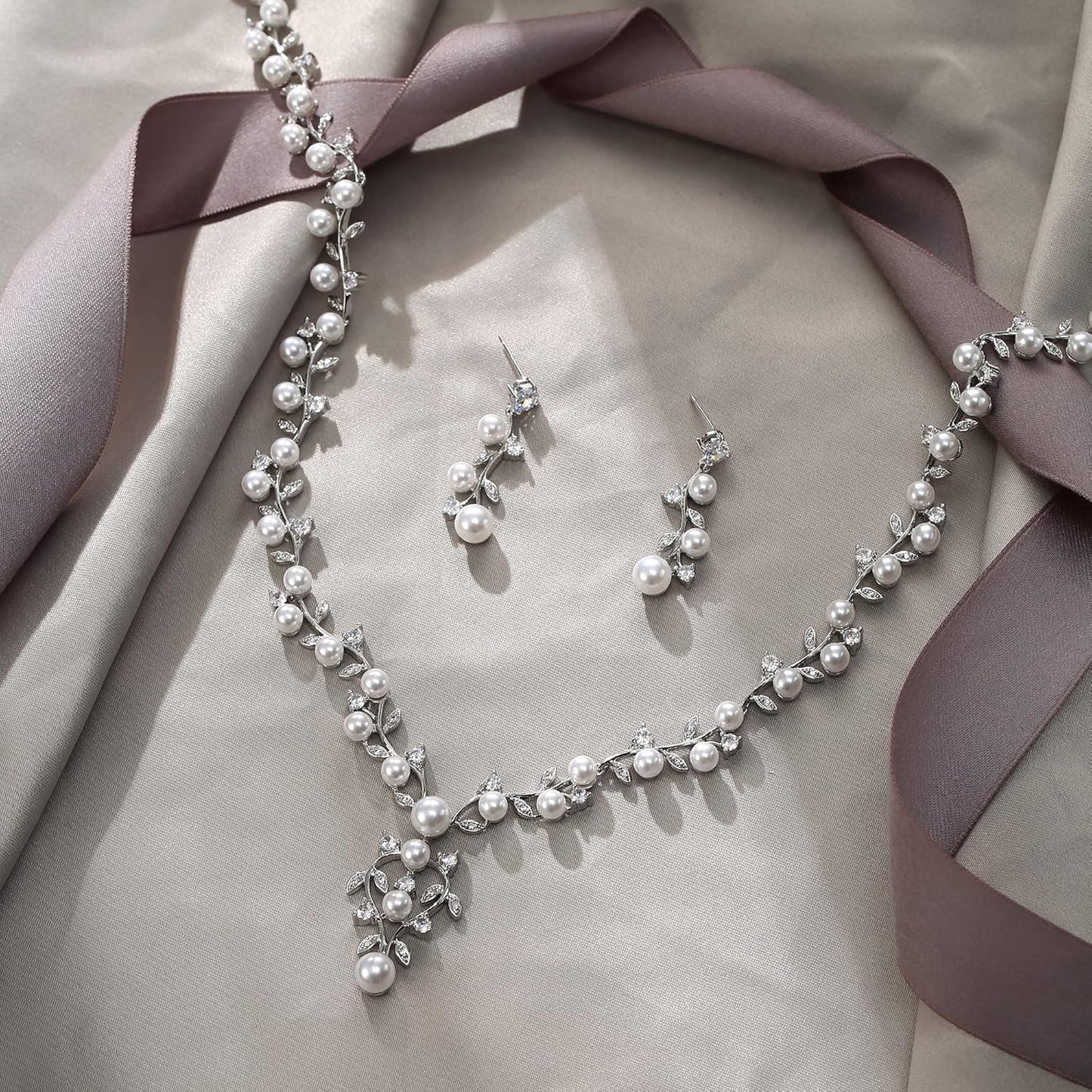 EVER FAITH Bridal Cubic Zirconia Jewelry Sets for Women, White Simulated Pearl Leaf Vine Pendant Wedding Party Necklace Earrings Set for Bridesmaid Bride