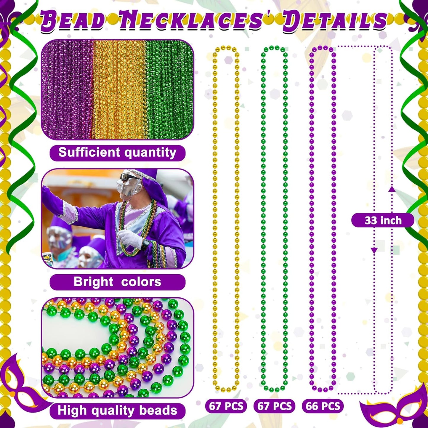 200PCS Mardi Gras Beads, 33" Bead Necklace, Mardi Gras Accessories, Purple Gold Green Party Beads Parade Throws Bulk for Christmas Pirate Baby Shower Wedding Birthday Party Supplies Decor