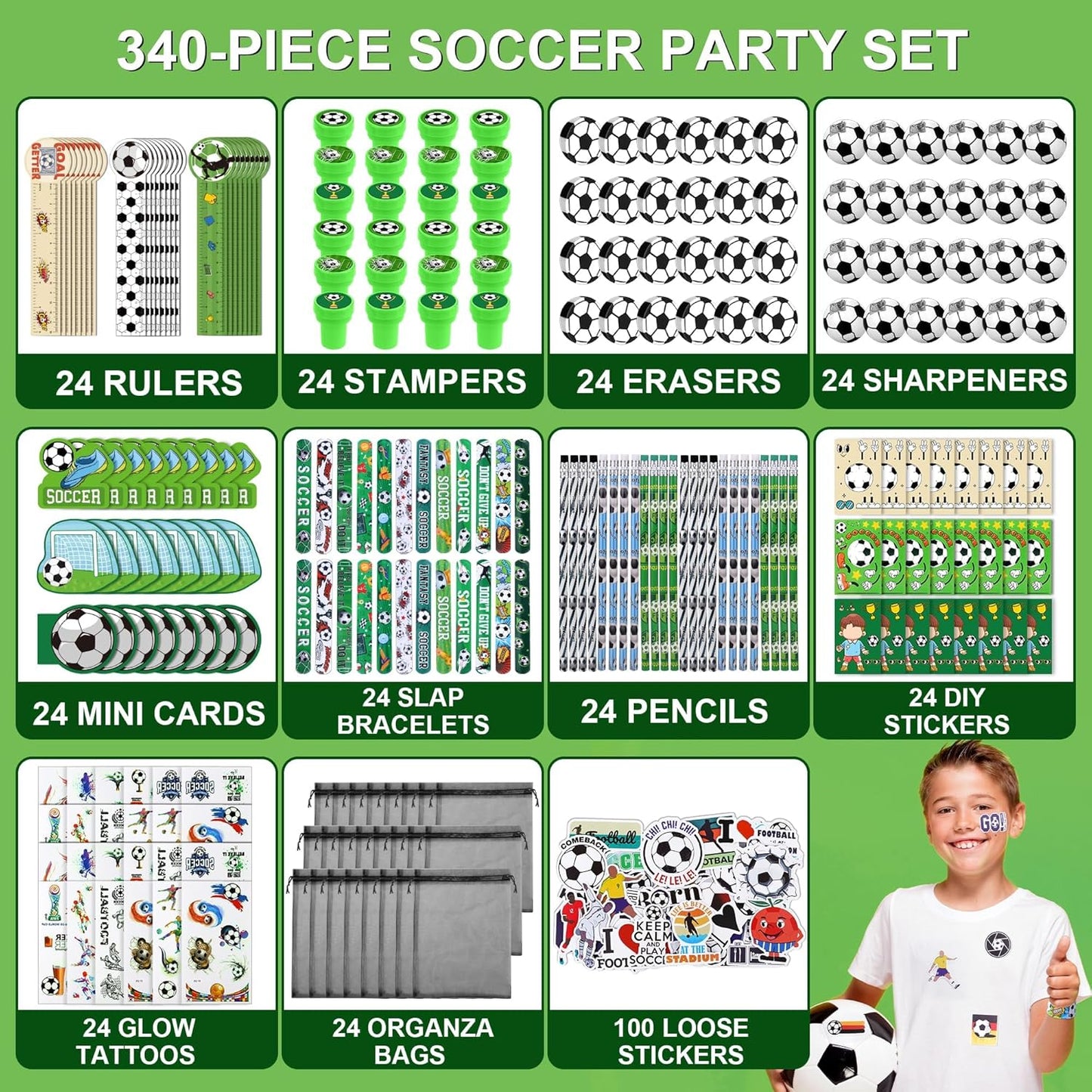 Aneco 340 Pieces Soccer Party Favor Set Soccer Goodie Bags Stuffers Mini Card Pencils Sharpener Eraser Stamp Slap Bracelet Sticker School Stationery Bulk for Sports Party Team Game Prize Birthday Gift