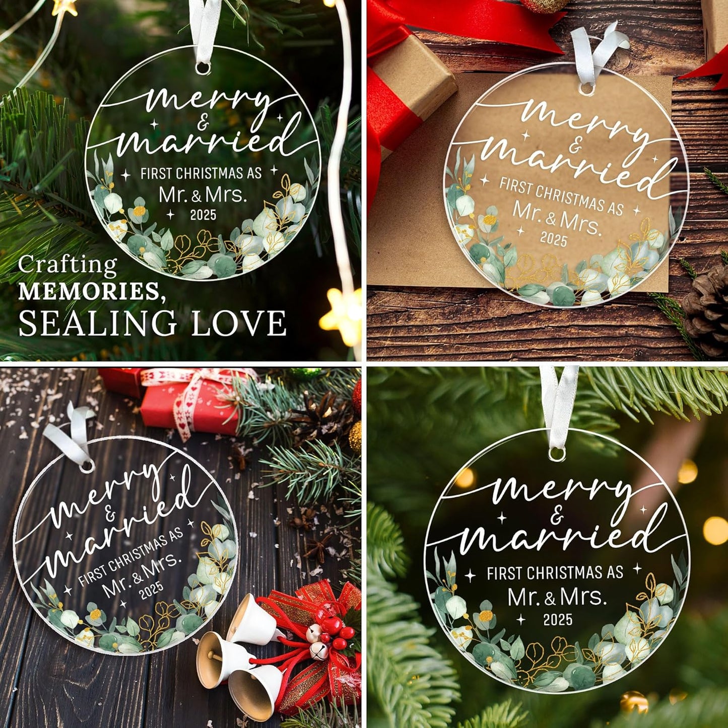 HEXMOZ First Christmas Married Ornament 2025 - Wedding Gifts for Couples 2025 - Just Married, Mr and Mrs Gifts for Newlyweds - Bridal Shower Gift for Bride - Acrylic Wedding Ornament