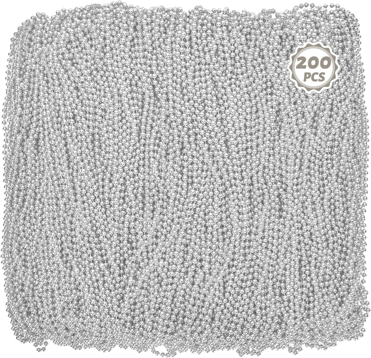 200PCS Mardi Gras Necklaces, 33" Silver Beads, Parade Party Bulk for Christmas, Pirate, Baby Shower, Wedding, Birthday Party Favors Supplies Decor