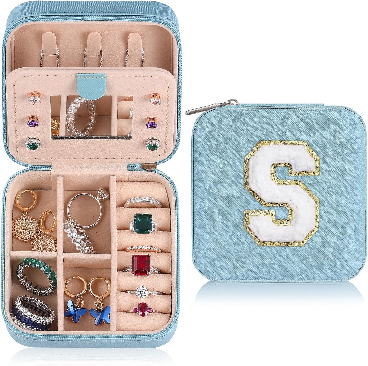 Parima Christmas Stocking Stuffers Gifts for Grandkids Women, Bridesmaid Gifts for Women Wedding Travel Essentials Small Jewelry Box | Travel Jewelry Case - Letter S, Sky Blue
