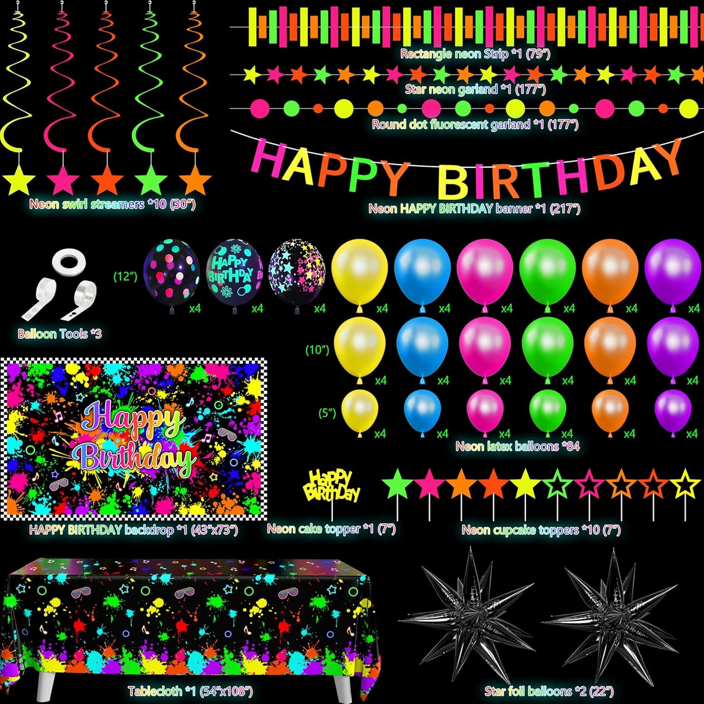 Neon Birthday Party Decoration Glow in The Dark Party Supplies Happy Birthday Backdrop Banner Neon Fluorescent Balloons Garland Arch Star Hanging Swirl Black Light Reactive Glow Tape Neon Streamer