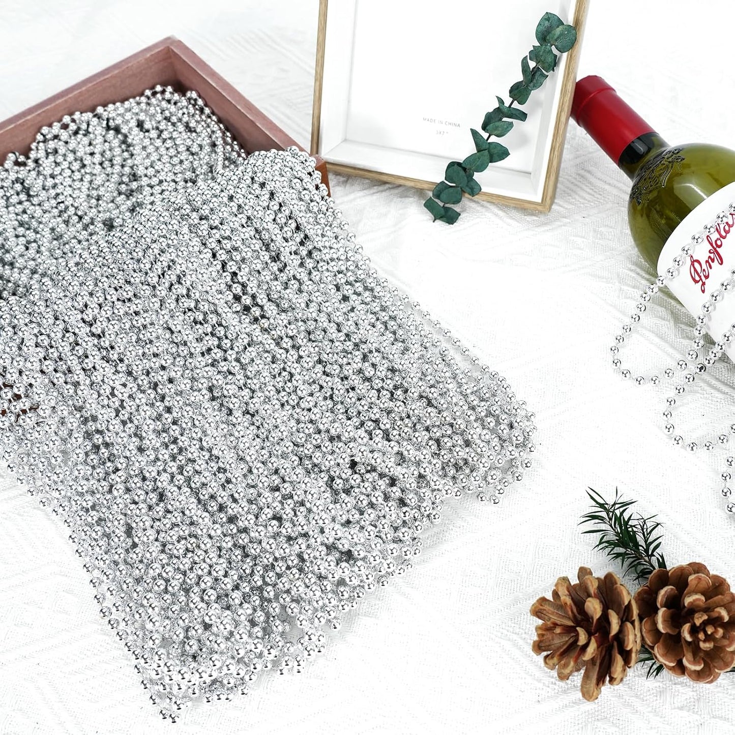 SHAOQINLIN 50 PCS Silver Mardi Gras Beads, 33" Silver Christmas Necklace, Metallic Patriotic Beads Necklaces, Parade Throws Accessories for Christmas Independence Day New Year Party Favors